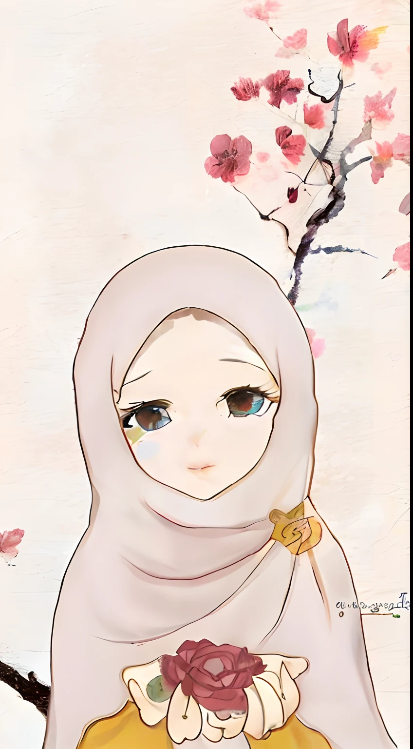 a close up of a person wearing a hijab and holding a flower, cute anime face, beautiful anime face, cute natural anime face, cute art style, pretty anime face, with cute - fine - face, cute anime girl, with cute doting eyes, pretty anime girl, anime visual of a cute girl, she has a cute face, extremely cute anime girl face