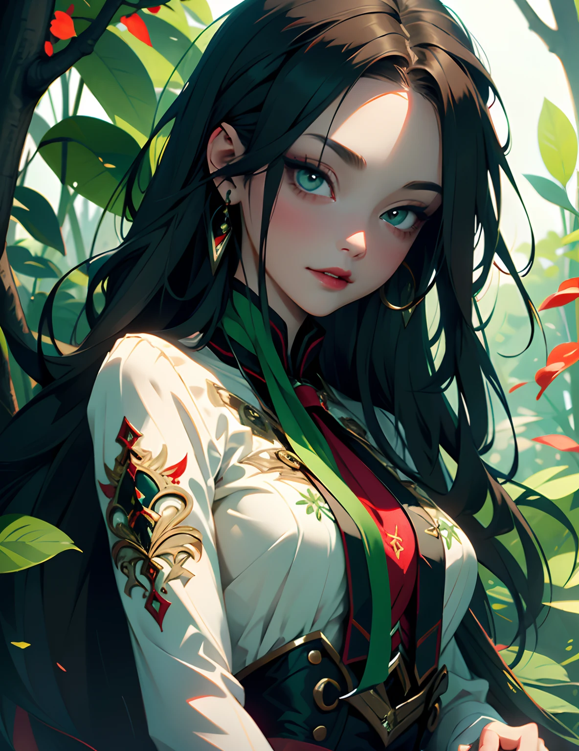 girl with long hair, beautiful vampire, vampire aesthetic, beautiful girl, very beautiful fantasy art, beautiful and elegant female fairy, beautiful detailed fantasy, green and red color palate, green color-theme