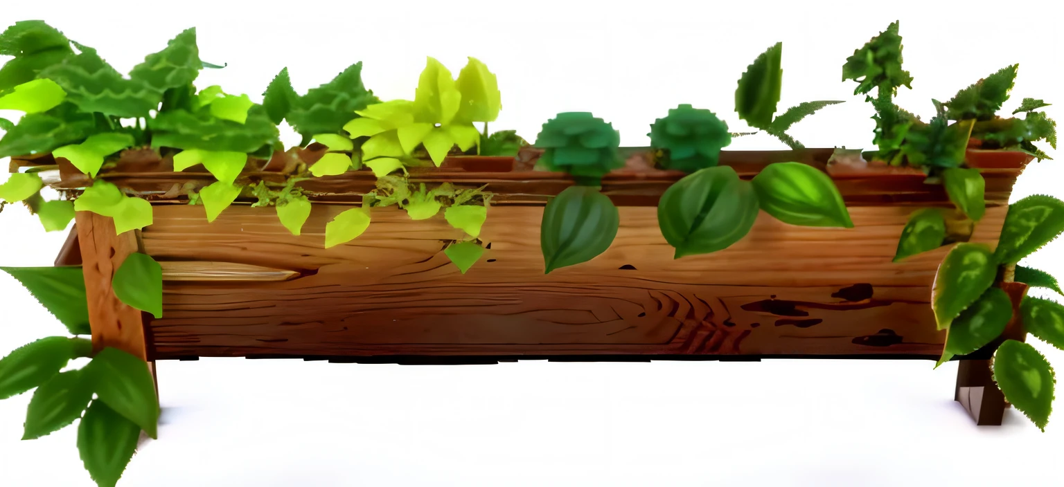There is a close-up of a wooden plaque,Plants grow inside, window sill with plants, lush plant growth, wooden platforms, plants growing, large plants in the background, Woods background, verdant plants, windowsill, greenery growing, building cover with plant, Garden background, plants environment, 3D game background