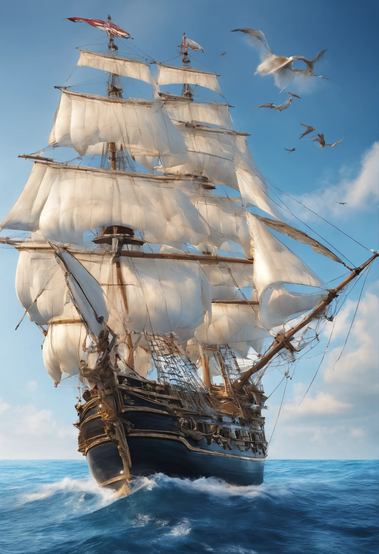 Best Quality, masuter piece, 超A high resolution, (Photorealistic:1.4), Raw photo, Professional Lighting, high-level image quality, high-detail, ​masterpiece、Mare、the ocean、Sunnyday、Pirate Ship、Sail ships、view from front、blue-sky