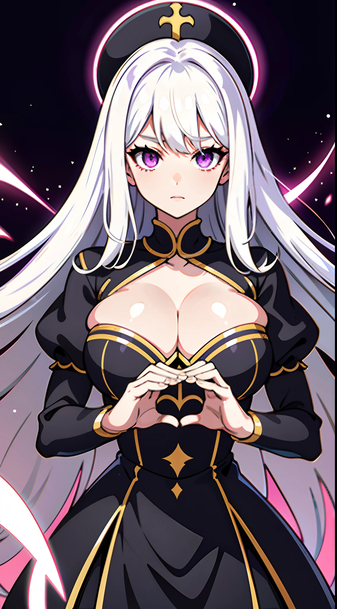 upper body, 1woman, white hair, Long Haired, purple eyes, (sister), sister, big breats, wallpaper, holy light background, light particles, hands behind the back, (masterpiece), best quality, cleavage