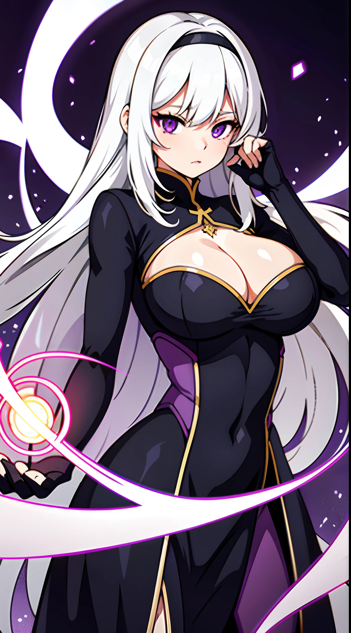 upper body, 1woman, white hair, Long Haired, purple eyes, (sister), sister, big breats, wallpaper, holy light background, light particles, hands behind the back, (masterpiece), best quality, cleavage