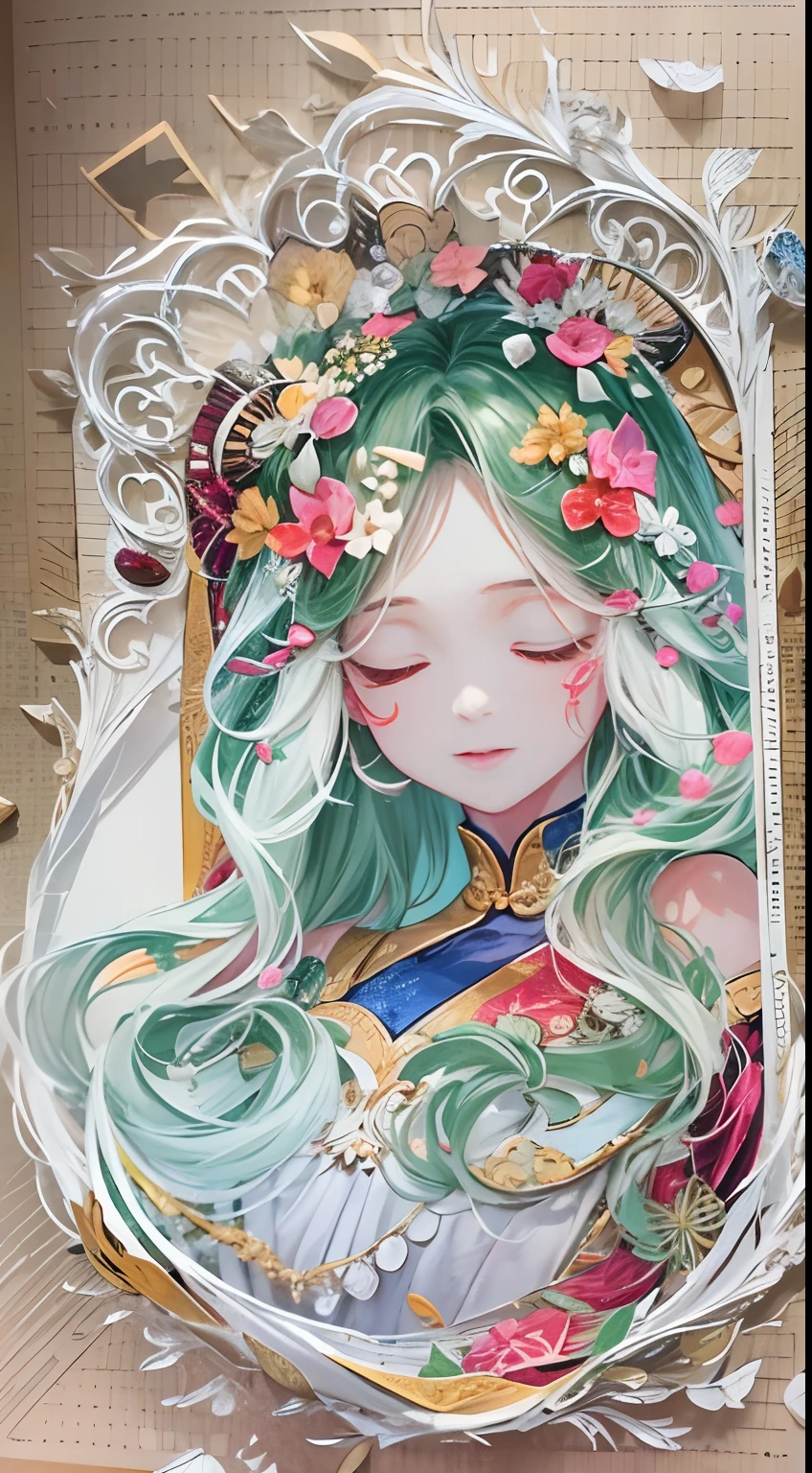 (White background:1.4),(Girl head portrait,With his eyes closed,colorfull long hair,Oriental elements),(Chinese illustration:1.3,paper art:1.3,Quilted paper art:1.2),(Reasonable design,Clear lines,High clarity,The best quality,The is very detailed,tmasterpiece,movie light effect,4K)