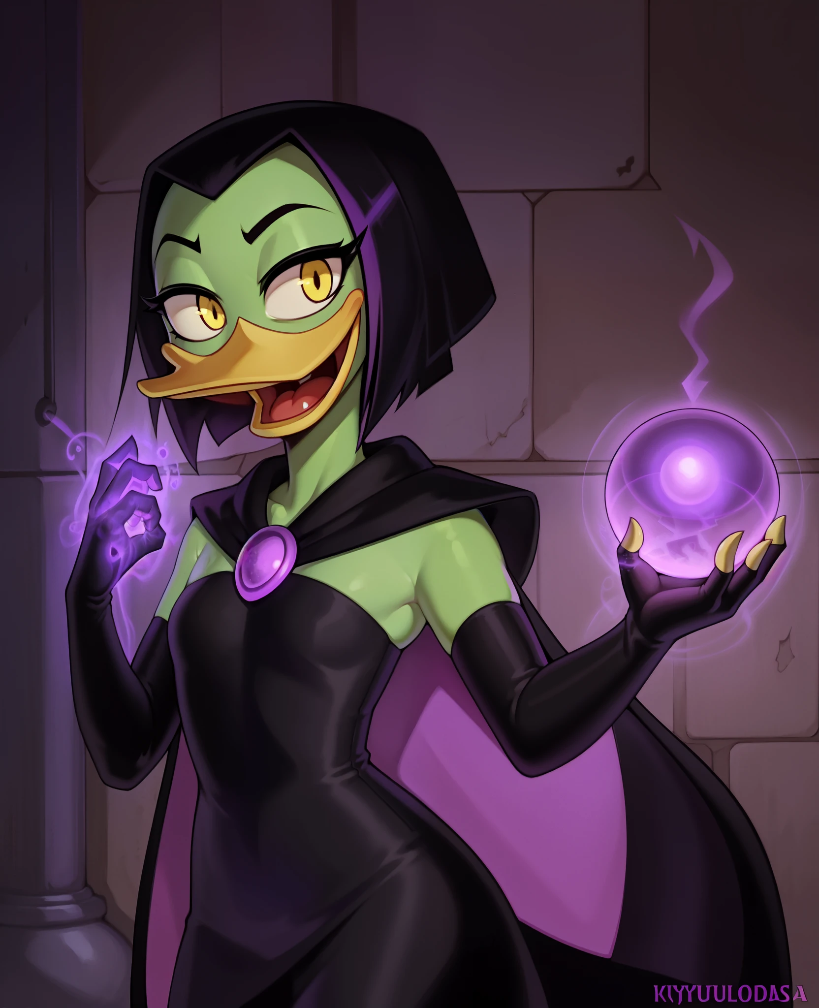 (ducktales) (by kyurisawa:1.2) (by chelodoy:1) (by ashraely:1) BREAK (magic, magic user, purple energy, energy ball:1.3) (duck) (magica de spell) (black hair) (beak) (yellow eyes) (laughing) (green skin:1.2) (solo:1.1) (clothed:1.3) (inside) ( dungeon:1.1) (fingerless gloves, elbow gloves) (black dress:1.4) (cape:1.3)