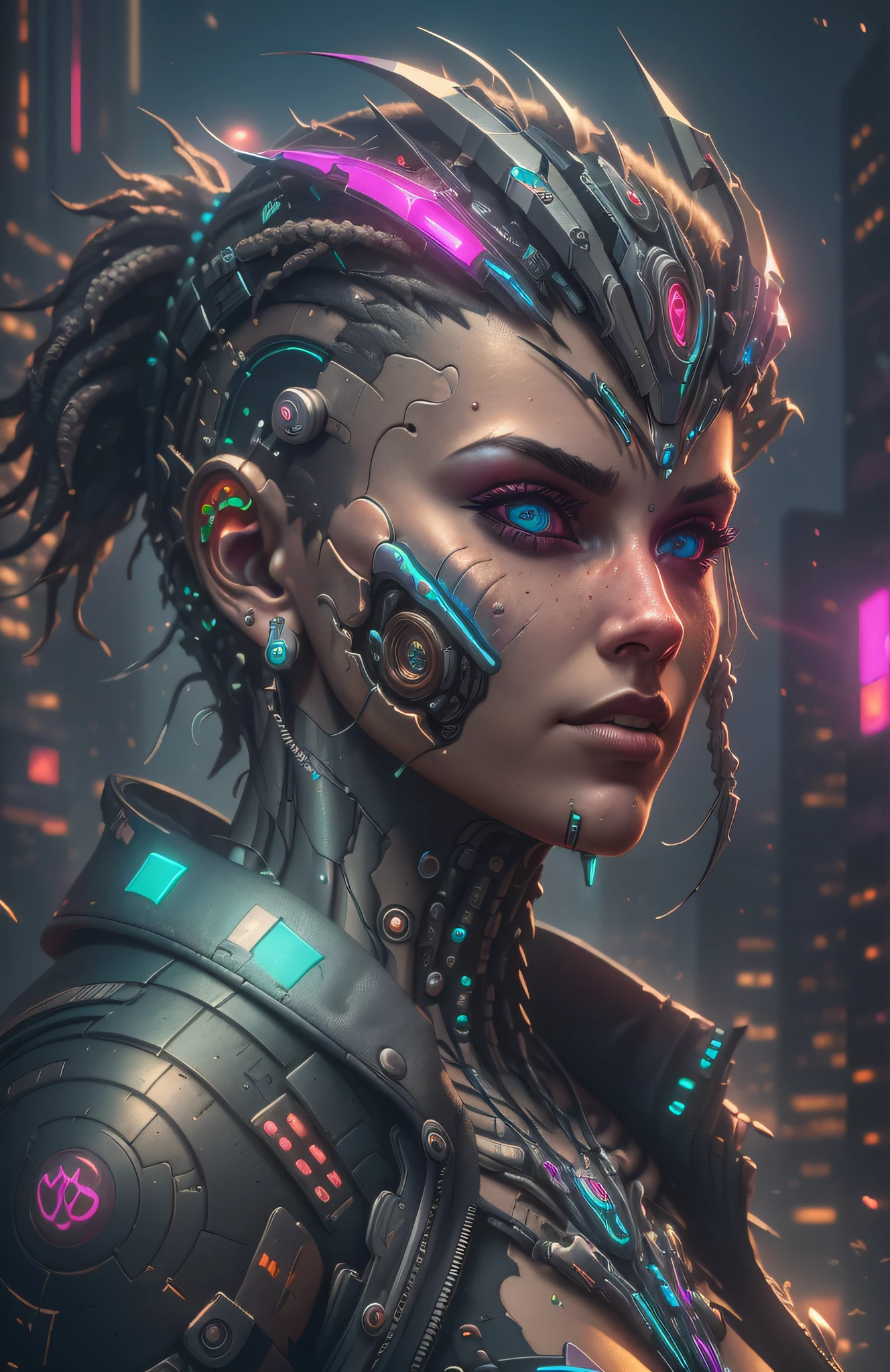 DC photography, cyberpunk biomechanics, detailed face, complex robot,  cyberpunk logo, full growth, hyper-realistic, crazy little details, incredibly clean lines, cyberpunk aesthetic, masterpiece featured on Zbrush Central, cyberpunk city backdrop