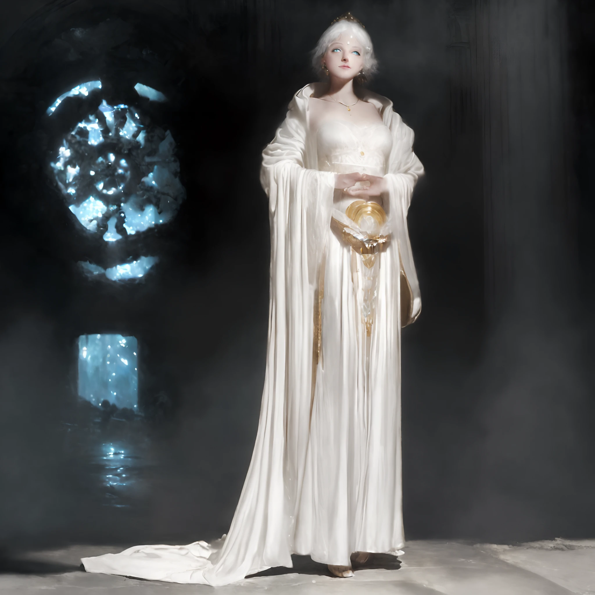 ((Solo))(With incredible details, textures and maximum detail), (Ultra photo realsisim:1.4), (Realistic:1.3), (best quality real texture skin), (finely detailed true circle eyes), (A delicate and delicate beautiful face:1.6), ((medieval world)), (God of birth:1.4), (full-body portraits:1.5), (Mother's warm eyes), (There was joy in her eyes，With a happy smile on his face: 1.3), (Beautiful eyes that sparkle), (full-body standing image), (Dramaticlight), (A majestic sight), Her expression was full of tenderness and beauty, (Wear a white hooded robe with an elaborate pattern: 1.2), Folded wings, elaborate earrings, Divine atmosphere, (((Dramatic photo))), (Sunset), (Sunny), ((dramatic pose)), (flamboyant photo), (Silver hair), ((head looking up)), ((Looking down)), (gives full-body standing image:1.5), (Around her neck is a simple necklace of exquisite workmanship), Great botanical cathedral, great shrine, Temple ruins, detached temple, (Divine Radiance Magic Array: 1.2), Ancient Castle Site, Deserted ruins, crumbling ruins, Ancient ruins with clear water, Shining majestic cloud masses and sky,