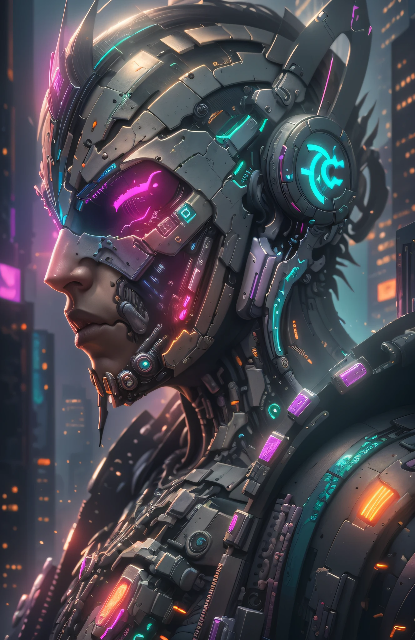 DC photography, cyberpunk biomechanics, detailed face, complex robot, cyberpunk logo, full growth, hyper-realistic, crazy little details, incredibly clean lines, cyberpunk aesthetic, masterpiece featured on Zbrush Central, cyberpunk city backdrop