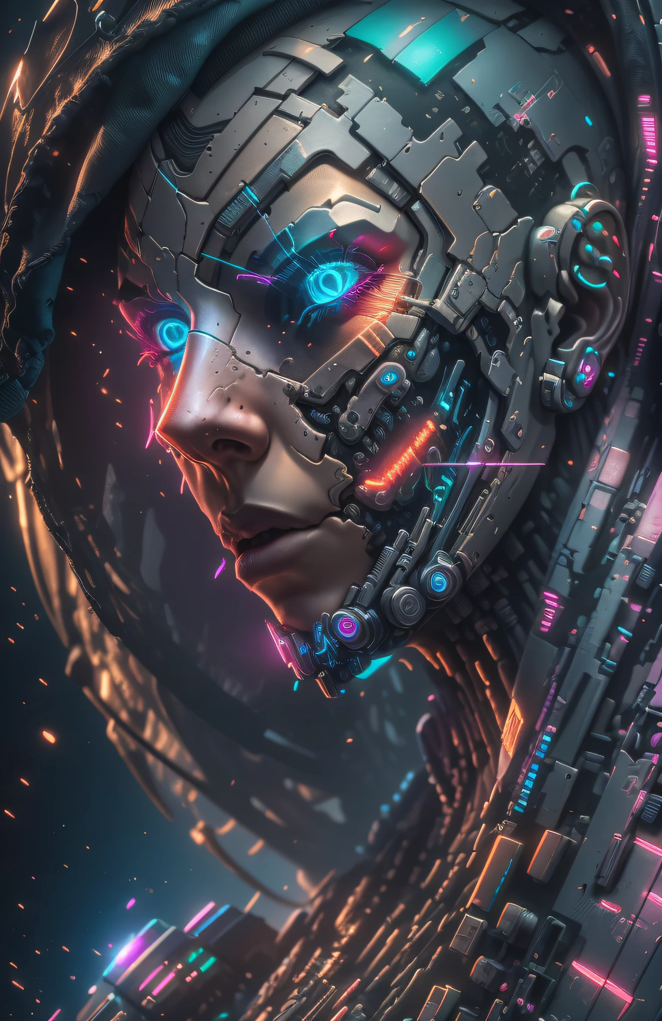 DC photography, cyberpunk biomechanics, detailed face, complex robot,  cyberpunk logo, full growth, hyper-realistic, crazy little details, incredibly clean lines, cyberpunk aesthetic, masterpiece featured on Zbrush Central, cyberpunk city backdrop