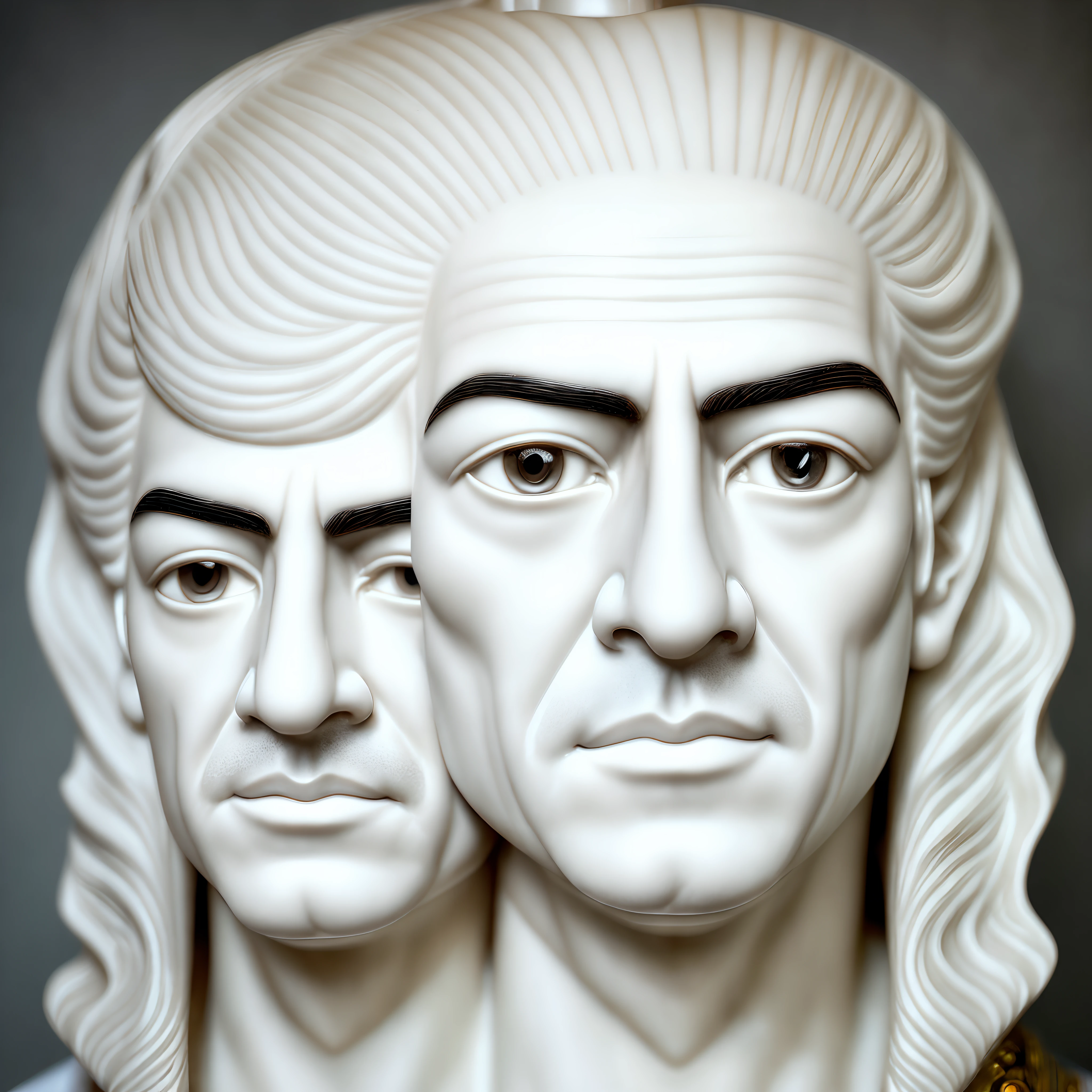 Egyptian president Abdel Fattah alsisi ((masterpiece:1.2, best quality)), 4k, adult, 1man, male, mature, aged up, handsome, verytall, muscles, broad shoulders, wavy white hair, grey eyes, portrait, hair between eyes, porcelain mask on left of face