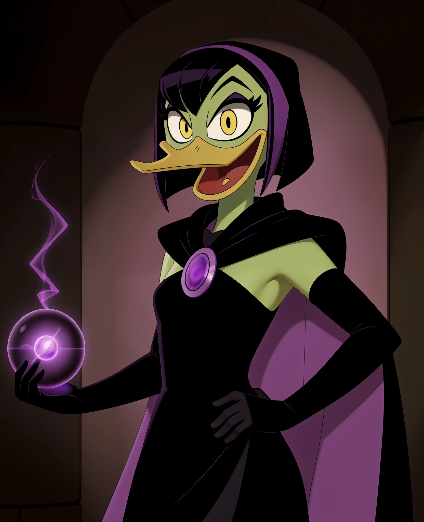 (ducktales) (by kyurisawa:1.2) (by chelodoy:1) (by ashraely:1) BREAK (magic, magic user, purple energy, energy ball:1.3) (duck) (magica de spell) (black hair) (beak) (yellow eyes) (laughing) (green skin:1.2) (solo:1.1) (clothed:1.3) (inside) ( dungeon:1.1) (fingerless gloves, elbow gloves) (black dress:1.4) (cape:1.3)