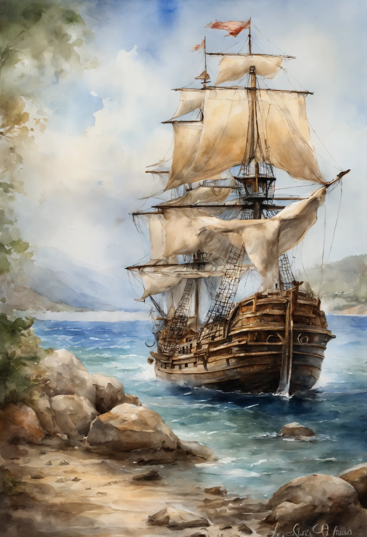 Best Quality, masuter piece, 超A high resolution, (Photorealistic:1.4), Raw photo, Professional Lighting, high-level image quality, high-detail, masterpiece、mare、Mare、Sunnyday、Pirate Ship、Sail ships、view from front、blue-sky