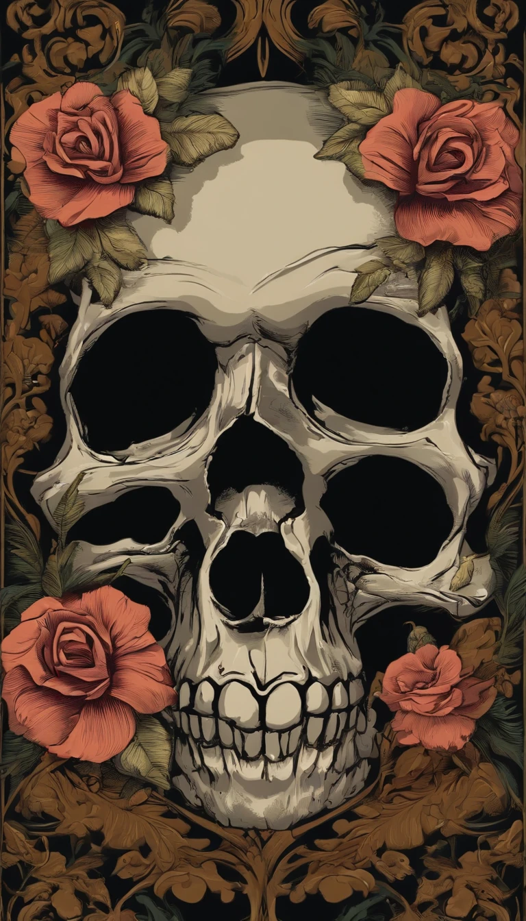 a closeup of a skull with flowers, fantasy skull, sacred skull, morphing skulls, ((skull)), death skull, skull tattoo, skull head, Tinta de caveira, skull like, skulls, sacred skulls, skull bones flowers, glass skull, skulls around, arte de fundo, skull face, Directed by: Derek Zabrocki, caveira, colour print