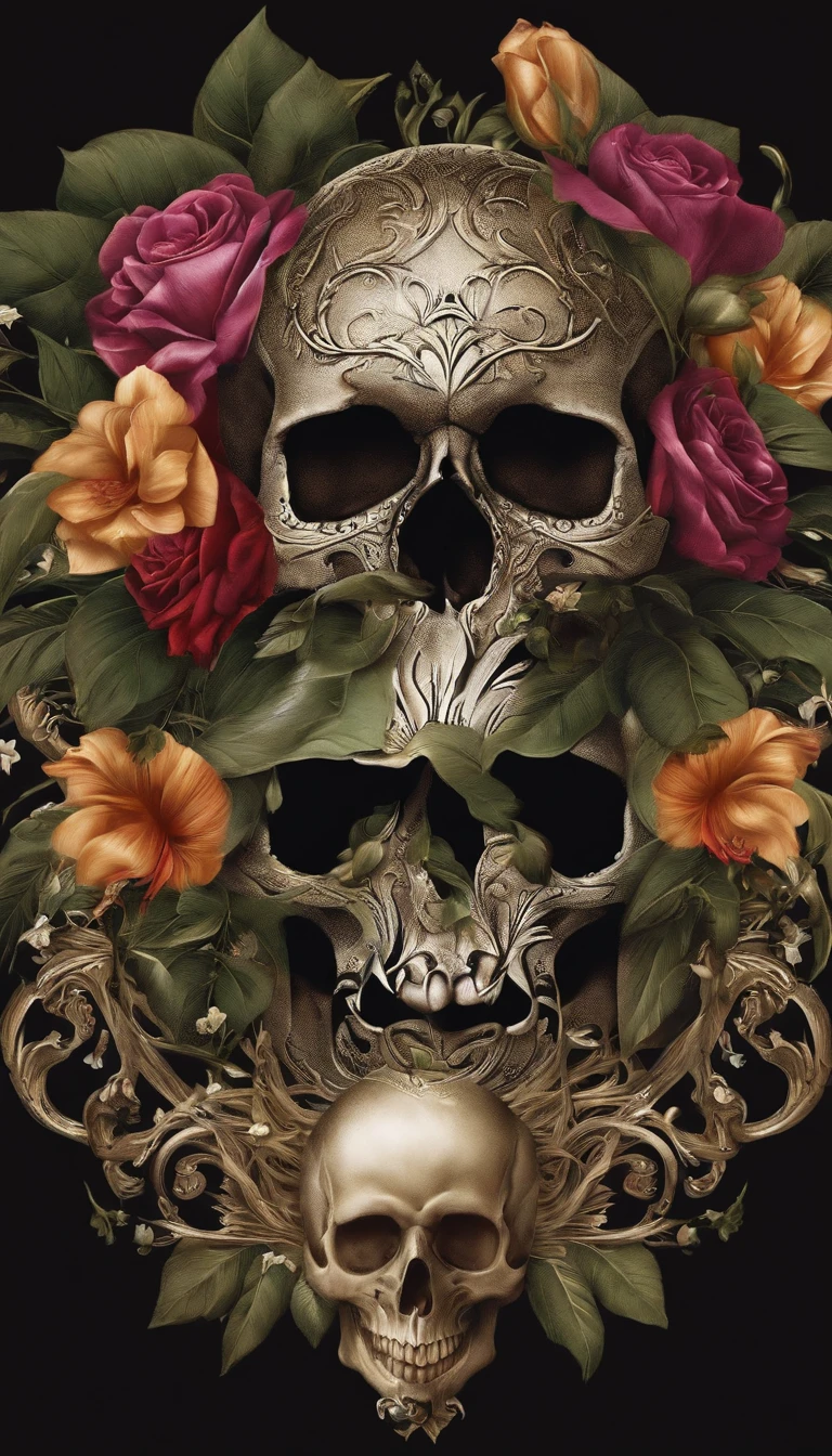 a closeup of a skull with flowers, fantasy skull, sacred skull, morphing skulls, ((skull)), death skull, skull tattoo, skull head, Tinta de caveira, skull like, skulls, sacred skulls, skull bones flowers, glass skull, skulls around, arte de fundo, skull face, Directed by: Derek Zabrocki, caveira, colour print