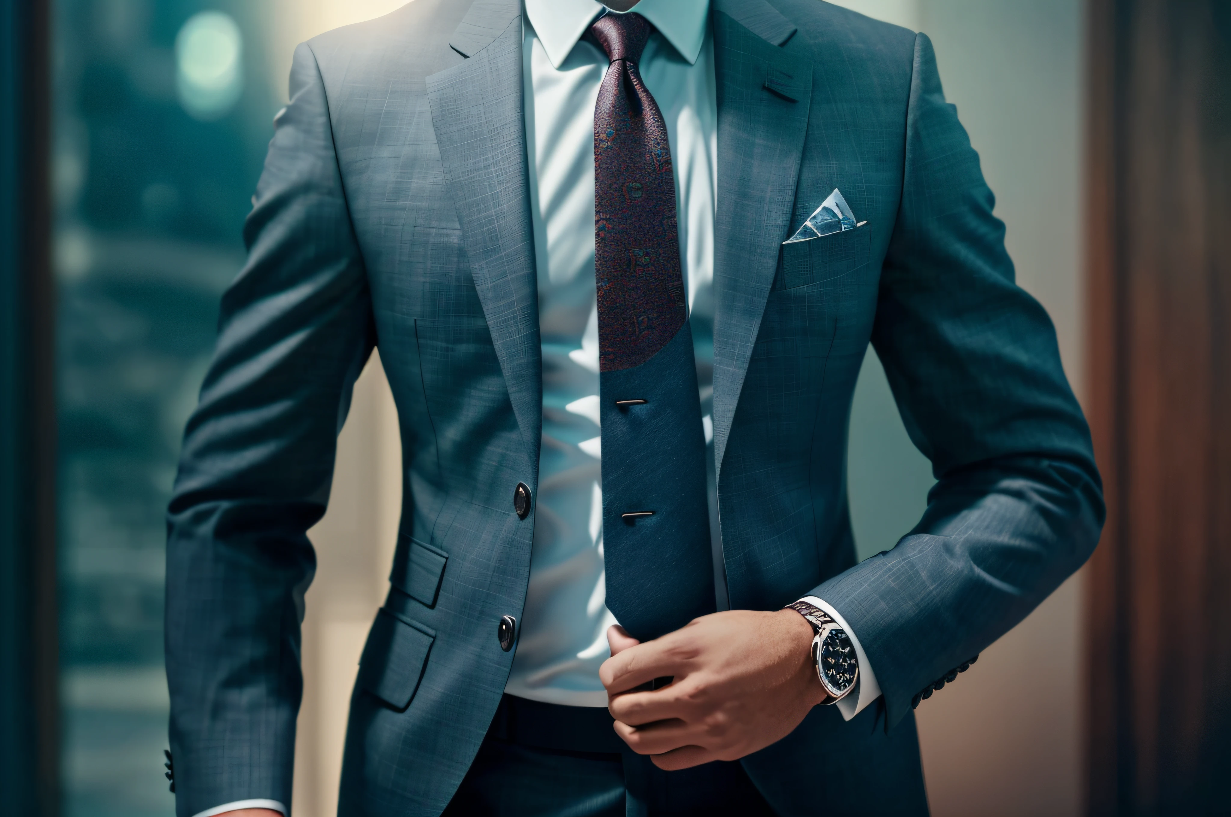 a Man standing with 30 years in suit and tie, body and head straight in the photo, DSRL, facing the viewer of the photo, eyes fixed to the lens, appears shoulders and head in the photo, man centered in the photo, 8k, best quality, masterpiece, realistic, realistic photo, movie photo, ultra realistic, 1 person, detailed, Perfect lighting, DSRL, professional photo, 4k