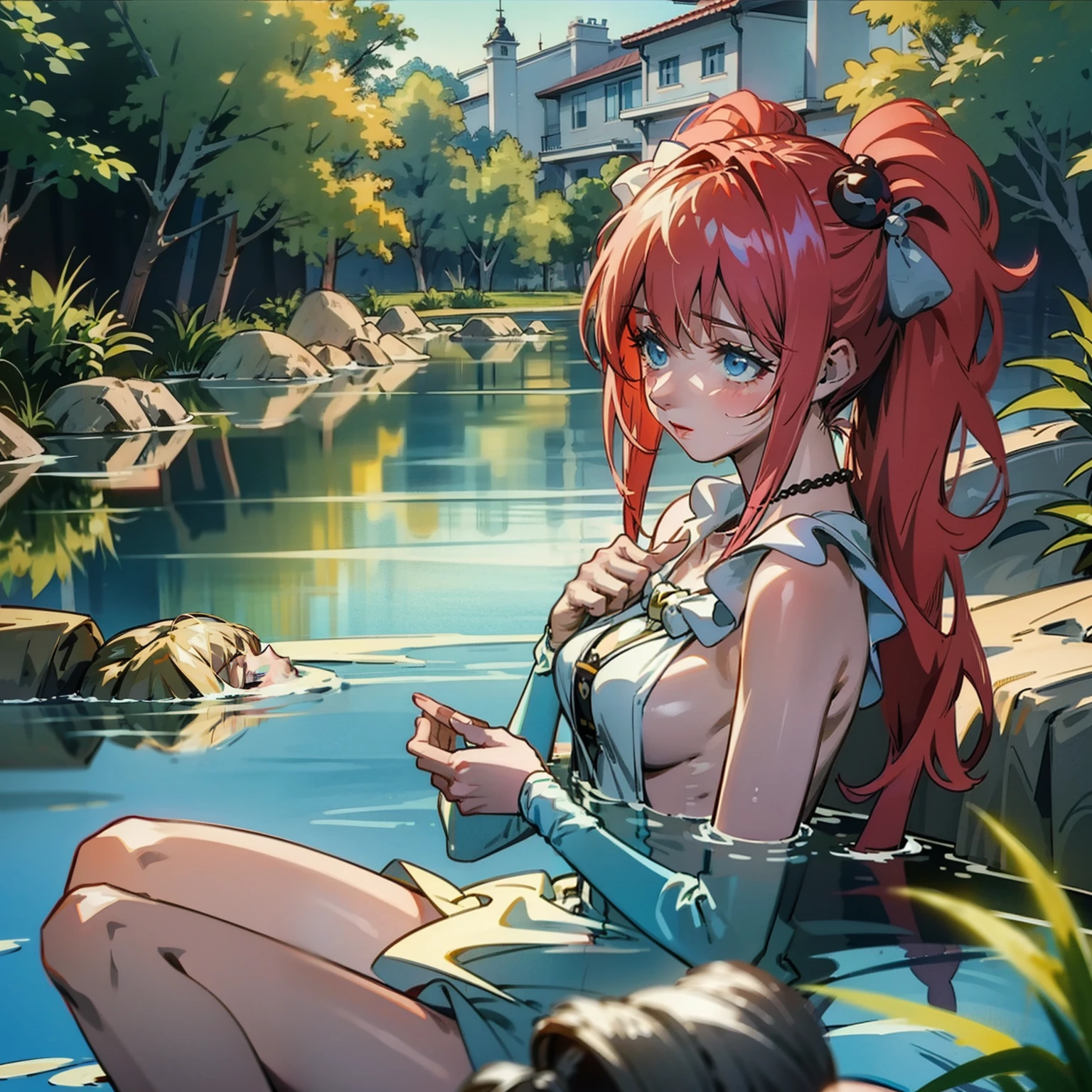 Royal sister,Bathroom bath,full bodyesbian,The lake is clear,4k画质,Reflection in the water