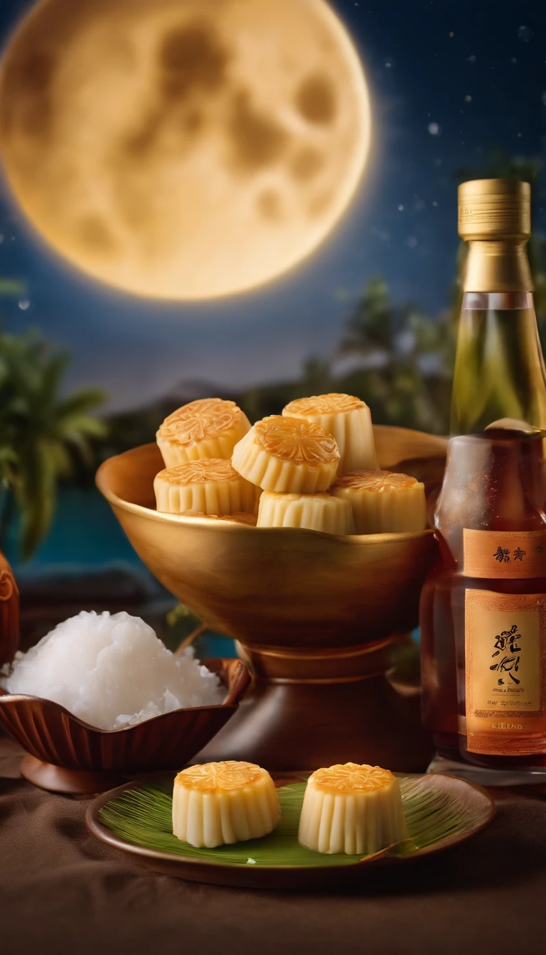 Commercial shooting, Parallel to eye level,during night,Huge Full Moon,A bottle of coconut milk in the center,A small amount of Cantonese egg yolk mooncakes, Mooncake size, poster for, Fresh style background, , Booth lighting, Attractive, photorealistic colors, Ultra HD,tmasterpiece,2k,4k