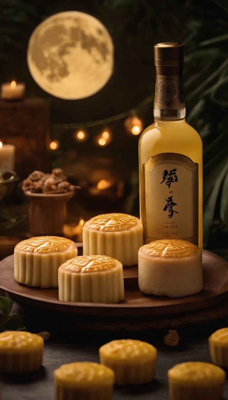 Commercial shooting, Parallel to eye level，during night，Huge Full Moon，A bottle of coconut milk in the center，A small amount of Cantonese egg yolk mooncakes, Mooncake size, poster for, Fresh style background, , Booth lighting, Attractive, photorealistic colors, Ultra HD，tmasterpiece，2k,4k