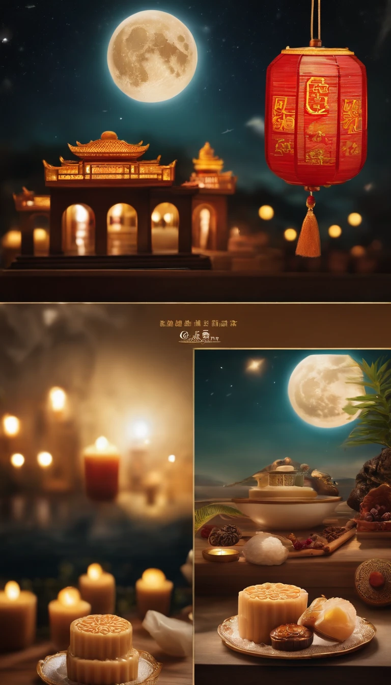 Commercial shooting, Parallel to eye level，during night，Huge Full Moon，A bottle of coconut milk in the center，A small amount of Cantonese egg yolk mooncakes, Mooncake size, poster for, Fresh style background, , Booth lighting, Attractive, photorealistic colors, Ultra HD，tmasterpiece，2k,4k