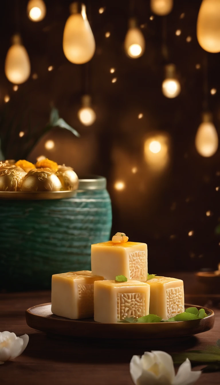 Commercial shooting, Parallel to eye level,during night,Huge Full Moon,A bottle of coconut milk in the center,A small amount of Cantonese egg yolk mooncakes, Mooncake size, poster for, Fresh style background, , Booth lighting, Attractive, photorealistic colors, Ultra HD,tmasterpiece,2k,4k