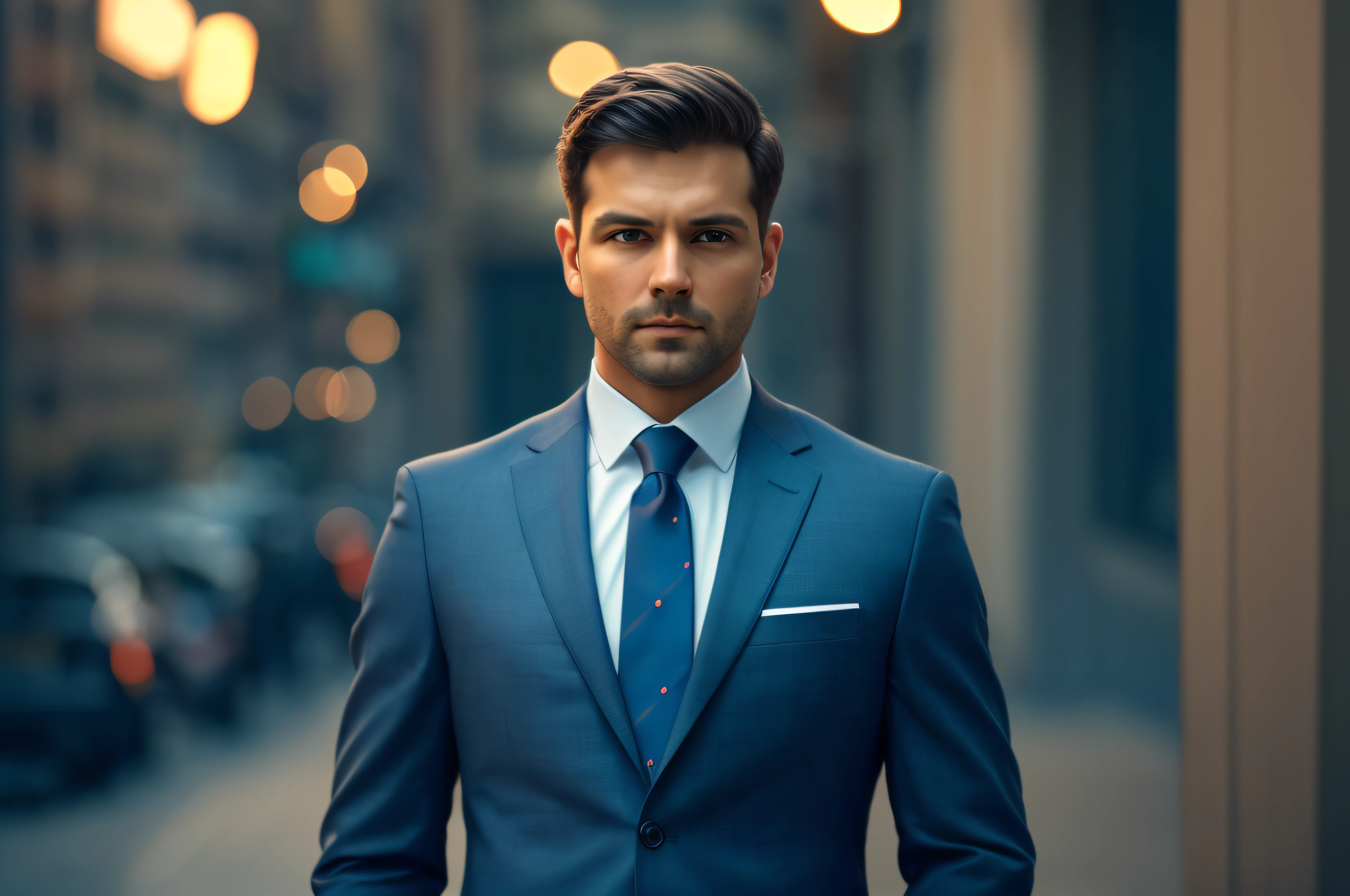 a Man standing with 30 years in suit and tie, body and head straight in the photo, DSRL, facing the viewer of the photo, eyes fixed to the lens, appears shoulders and head in the photo, man centered in the photo, 8k, best quality, masterpiece, realistic, realistic photo, movie photo, ultra realistic, 1 person, detailed, Perfect lighting, DSRL, professional photo, 4k