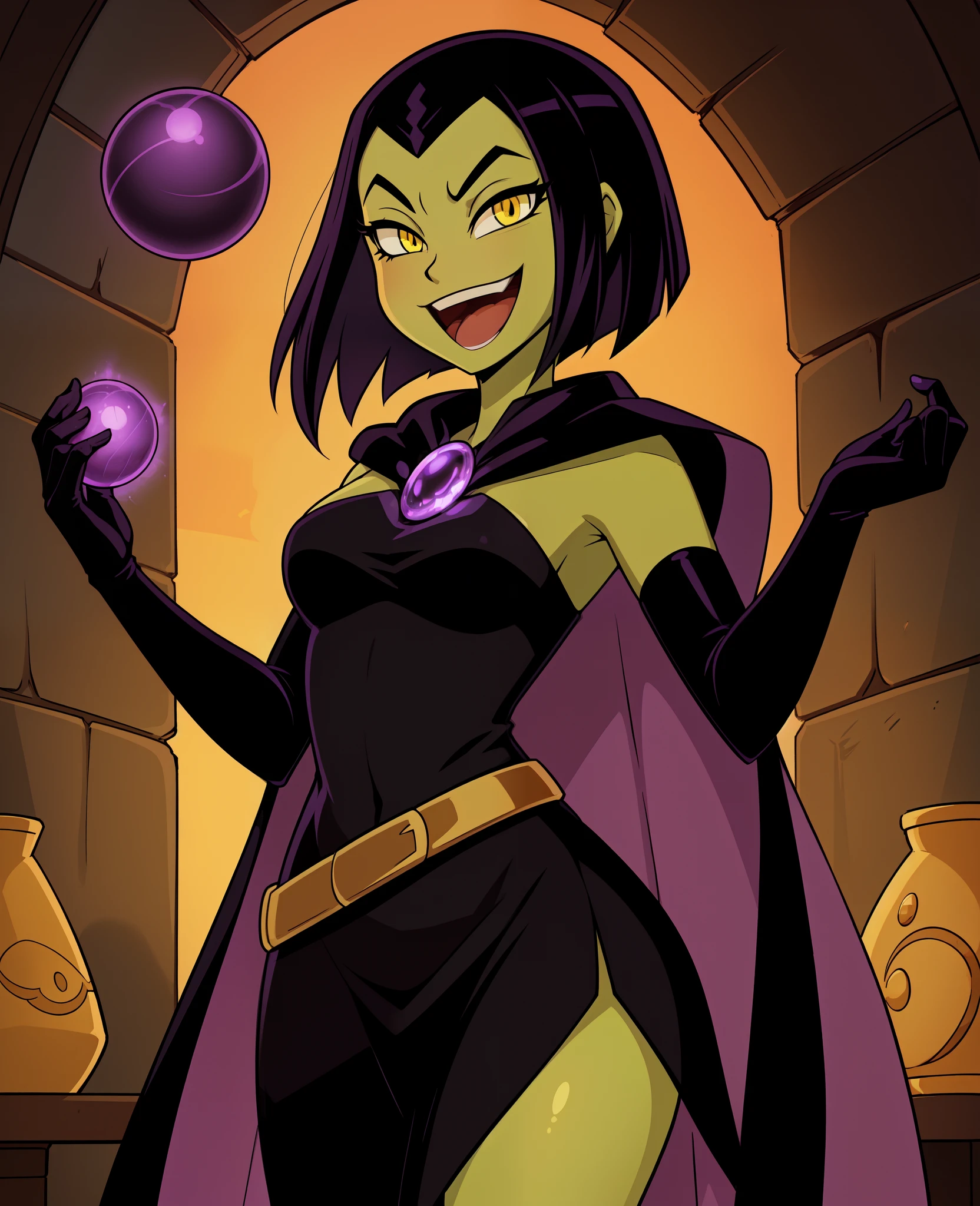 (ducktales) (by kyurisawa:1.2) (by chelodoy:1) (by ashraely:1) BREAK (magic, magic user, purple energy, energy ball:1.3) (duck) (magica de spell) (black hair) (beak) (yellow eyes) (laughing) (green skin:1.2) (solo:1.1) (clothed:1.3) (inside) ( dungeon:1.1) (fingerless gloves, elbow gloves) (black dress:1.4) (cape:1.3)