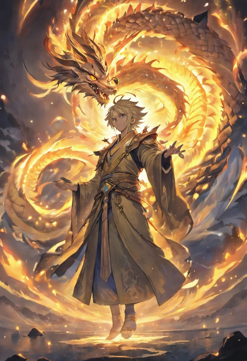 Dragon, elder, Wise, Long white beard, Powerful, scales, Majestic wings, Ancient, mythological creatures, magical, Glowing eyes, Golden Hoop Stick, Flowing robes, Wrinkled face, Bearded braids, Weathered hands, Wise eyes, Mythological fusion, fantasy, Enchanted, mito, mistic, Beard ornaments, Dragon scale armor, Dragon carving staff, Rotate the shadow, mystical aura, Epic fighting stance, intensity, mythological landscape, Floating islands, Ethereal light, Clouds, Dragon Fire, The beard flutters in the wind, Crown of the Elders, Elder Scepter, Ancient runes, a harmonious integration