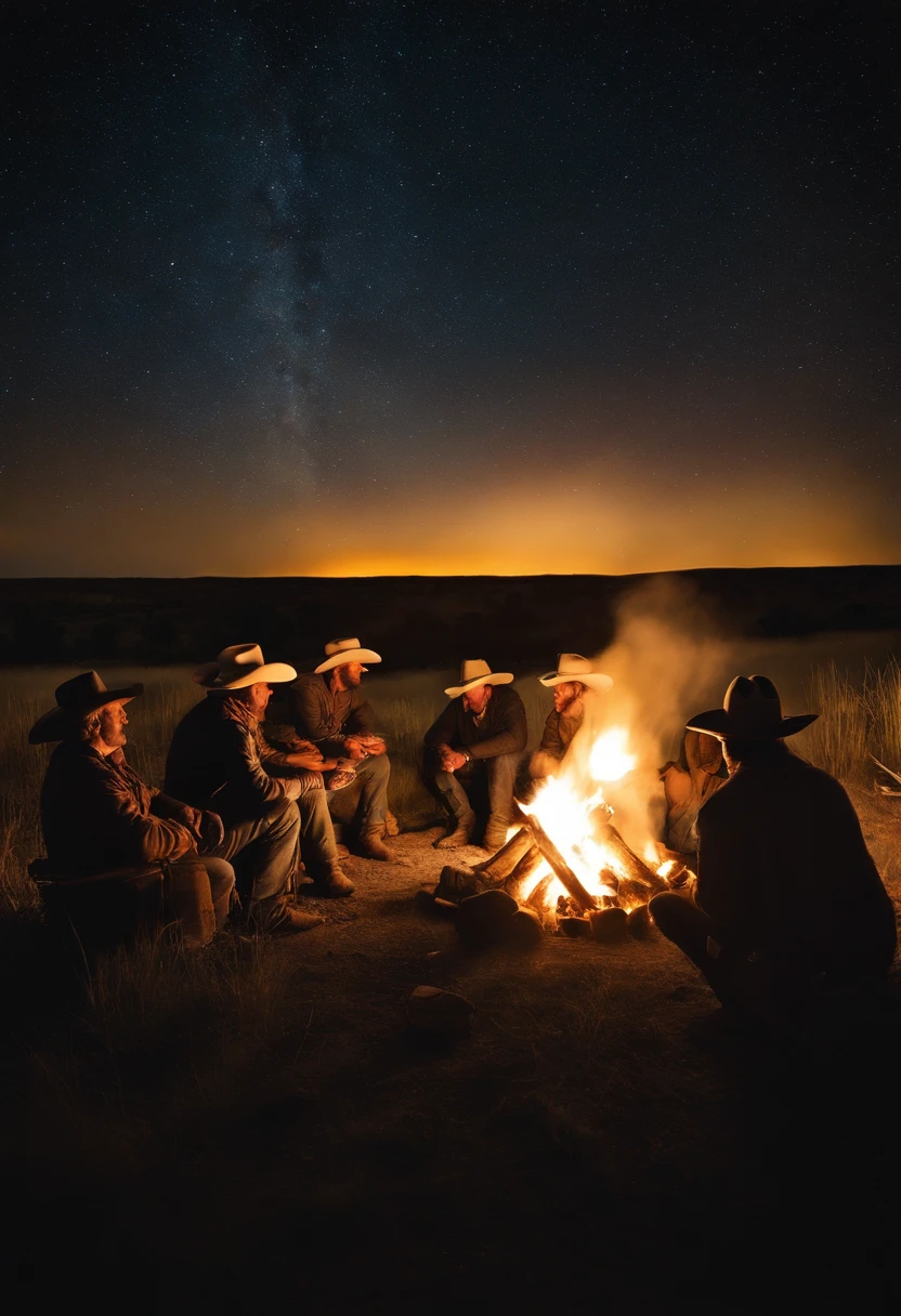 A group of cowboys gathered around a crackling campfire under a starry night sky. The fire illuminates their faces, casting flickering shadows on the surrounding landscape. The cowboys are engaged in conversation, their laughter and camaraderie filling the air. The scene exudes a warm and inviting atmosphere, capturing the essence of friendship and adventure.