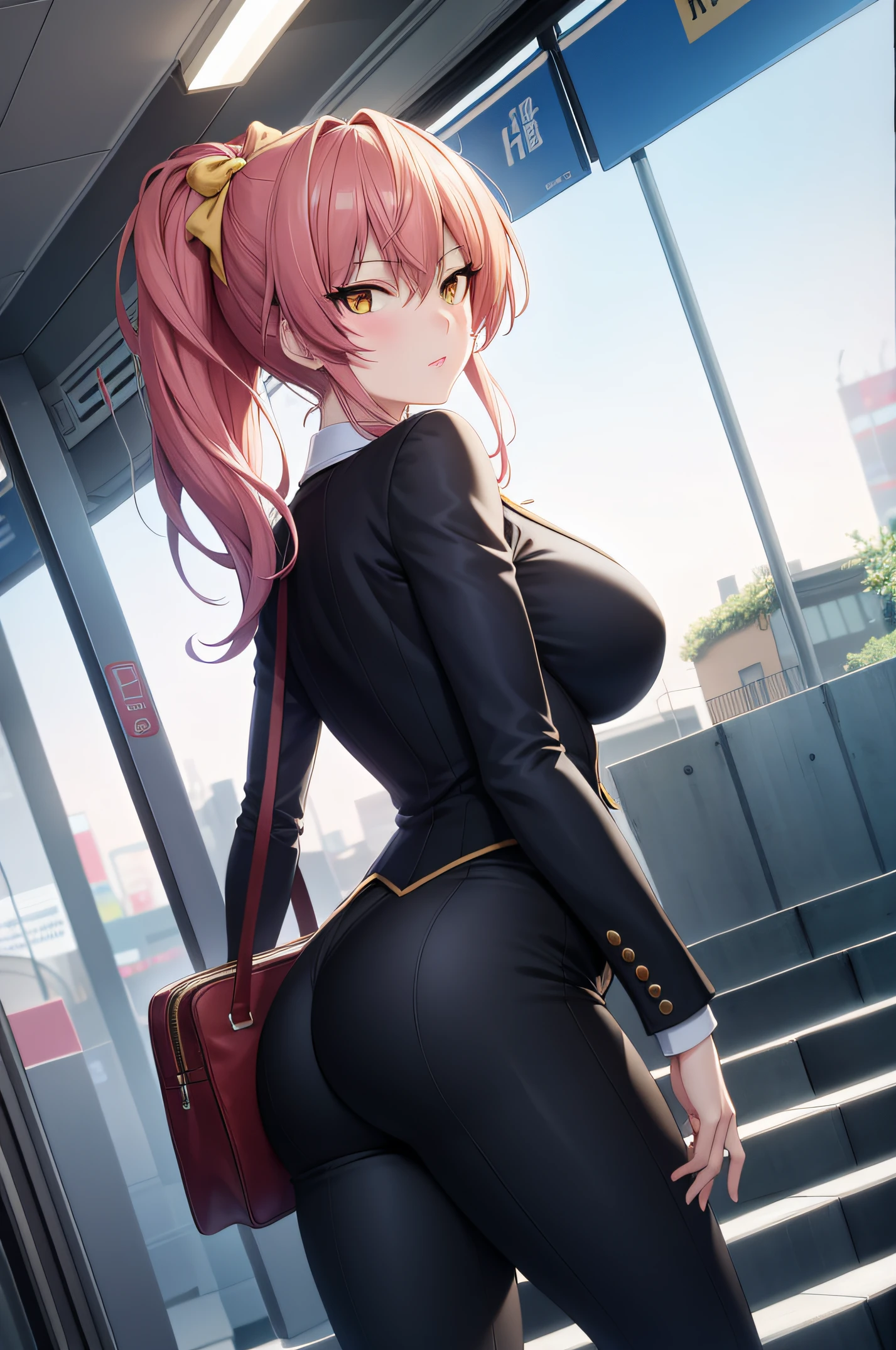 (masterpiece, best quality, detailed),1girl,mature female,pale skin,huge breasts,mikajougasaki, mika jougasaki, hair bow, pink hair, (yellow eyes:1.5), ponytail. a bag standing in a train station, (sfw), smooth anime cg art, high detailed official artwork, seductive anime girl, official character art, makoto shinka, in a strict suit, official art, thicc,clean detailed anime art,high resolution, (perfect hands, perfect anatomy),