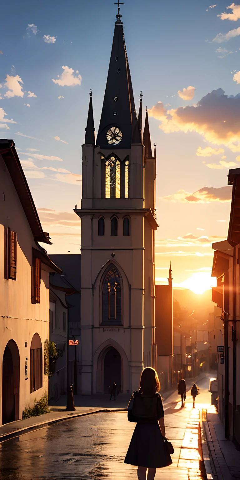 Vast landscape photos、Girl walking on a street in nearby medieval Europe、The sunset is beautiful、Nice、View of the church