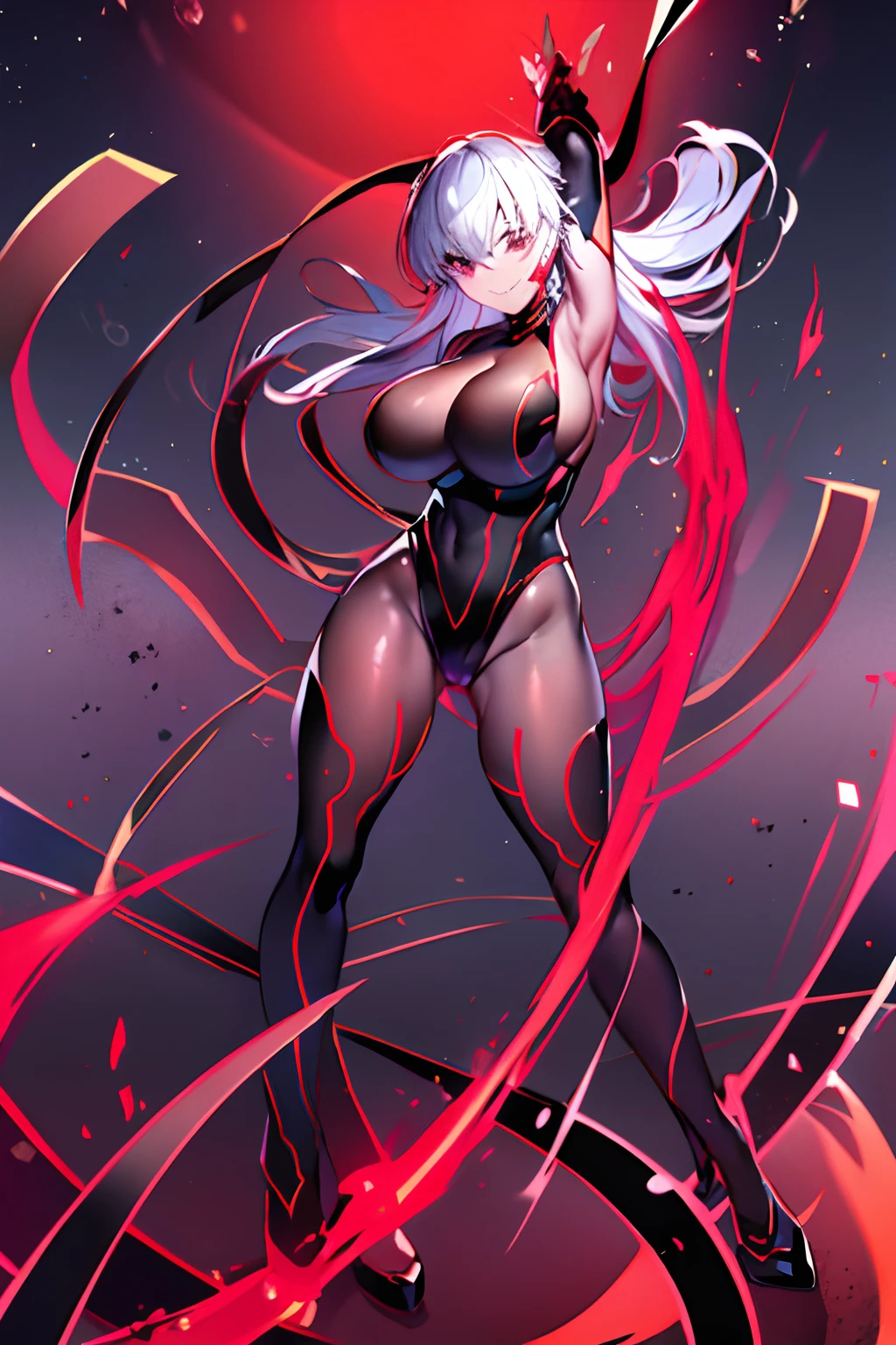 Black full body suit Red lines all over the body huge tit Big ass Whip thighs seductiv a smile succubus Rear view