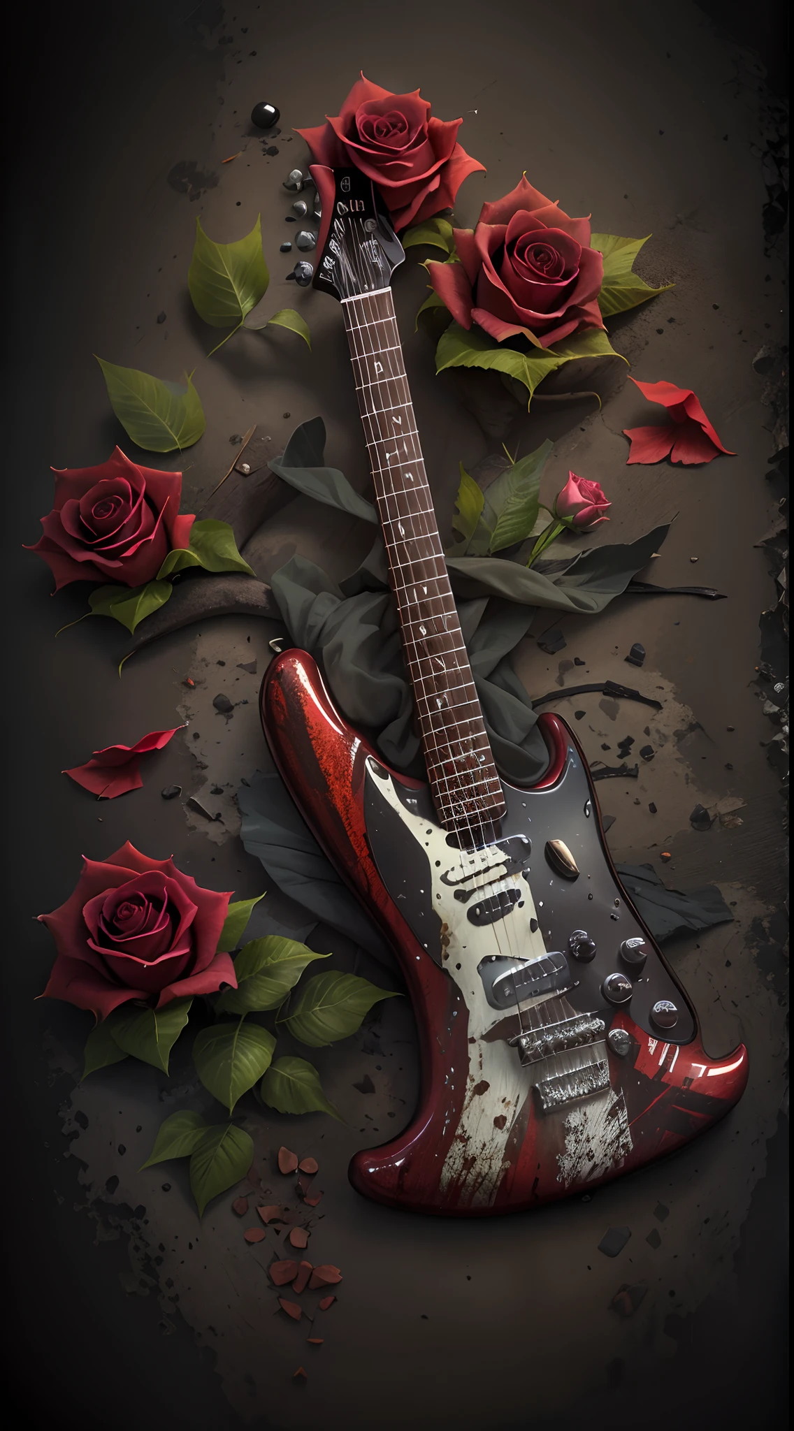 Uma caveira extremamente detalhada,uhd,ultra realista,com rosas e fogo,muito rockinroll, guitarra vermelha,Rockinroll symbols, em um ambiente dark