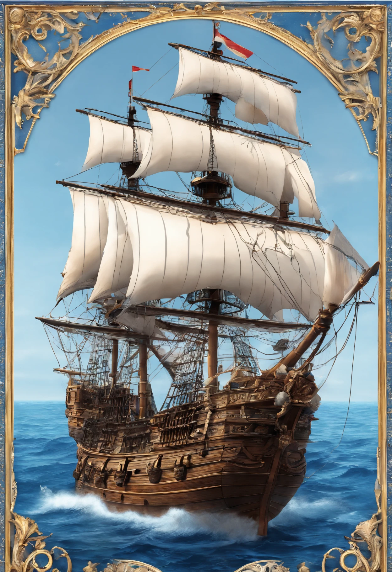 Best Quality, masuter piece, 超A high resolution, (Photorealistic:1.4), Raw photo, Professional Lighting, high-level image quality, high-detail, ​masterpiece、Mare、the ocean、Sunnyday、Pirate Ship、Sail ships、view from front、blue-sky