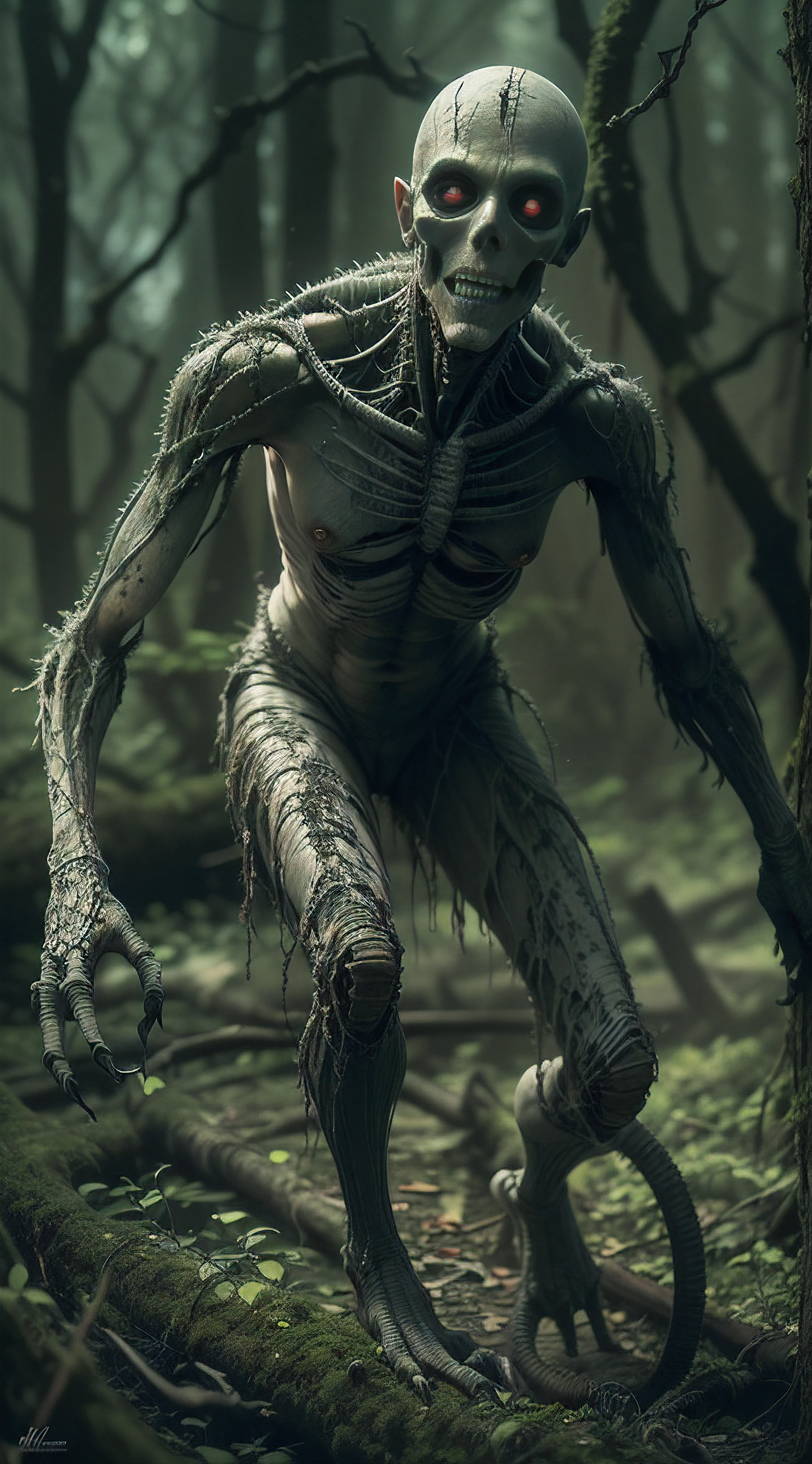 An emaciated naked creature (without clothes) in the woods, ghoul, unholy, creepy, horror, dark, intricate design and details, dramatic lighting, photorealistic, cinematic