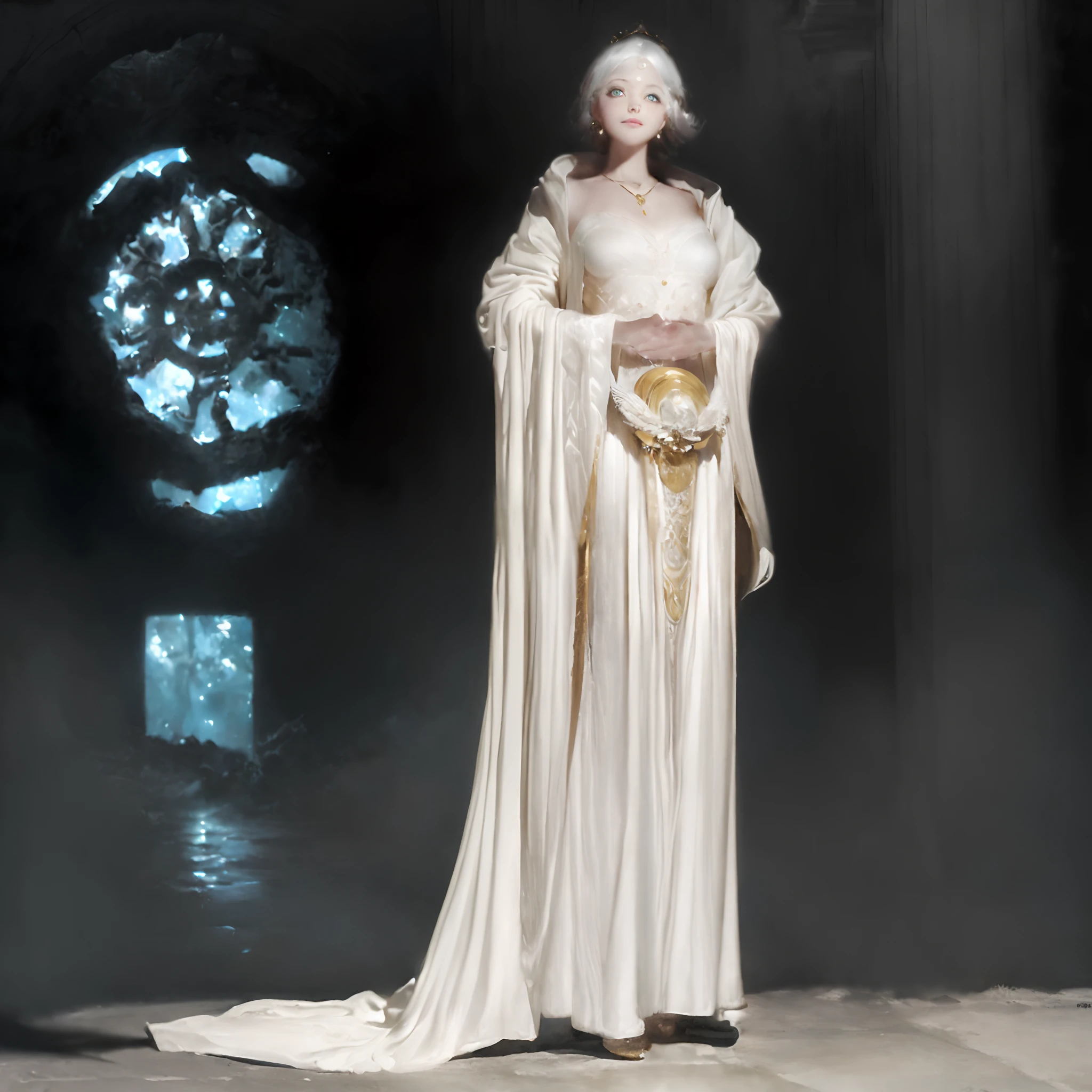 ((Solo))(With incredible details, textures and maximum detail), (Ultra photo realsisim:1.4), (Realistic:1.3), (best quality real texture skin), (finely detailed true circle eyes), (A delicate and delicate beautiful face:1.6), ((medieval world)), (God of birth:1.4), (full-body portraits:1.5), (Mother's warm eyes), (There was joy in her eyes,With a happy smile on his face: 1.3), (Beautiful eyes that sparkle), (full-body standing image), (Dramaticlight), (A majestic sight), Her expression was full of tenderness and beauty, (Wear a white hooded robe with an elaborate pattern: 1.2), Folded wings, elaborate earrings, Divine atmosphere, (((Dramatic photo))), (Sunset), (Sunny), ((dramatic pose)), (flamboyant photo), (Silver hair), ((head looking up)), ((Looking down)), (gives full-body standing image:1.5), (Around her neck is a simple necklace of exquisite workmanship), Great botanical cathedral, great shrine, Temple ruins, detached temple, (Divine Radiance Magic Array: 1.2), Ancient Castle Site, Deserted ruins, crumbling ruins, Ancient ruins with clear water, Shining majestic cloud masses and sky,