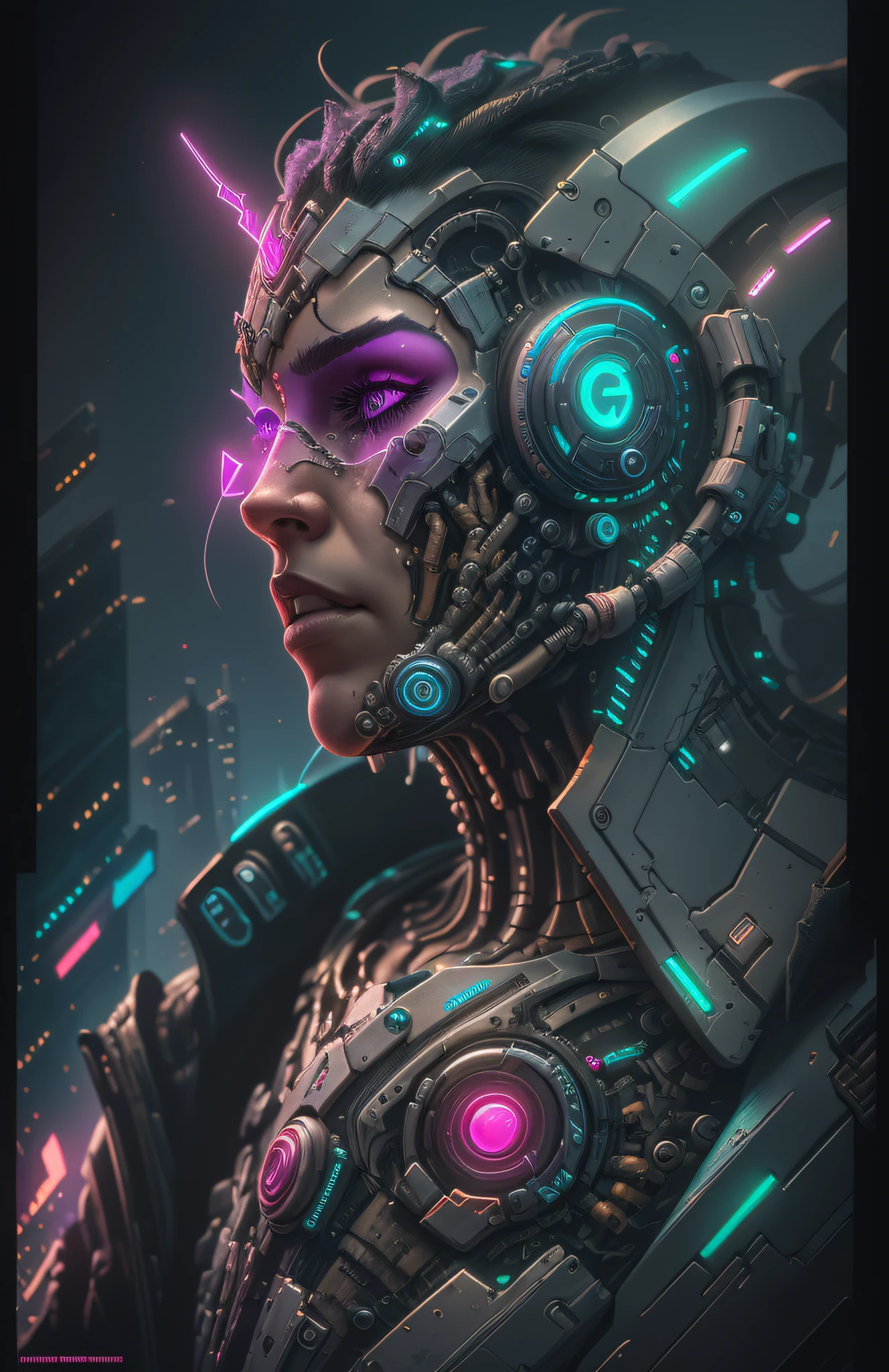 DC photography, cyberpunk biomechanics, detailed face, complex robot, cyberpunk logo, full growth, hyper-realistic, crazy little details, incredibly clean lines, cyberpunk aesthetic, masterpiece featured on Zbrush Central, cyberpunk city backdrop