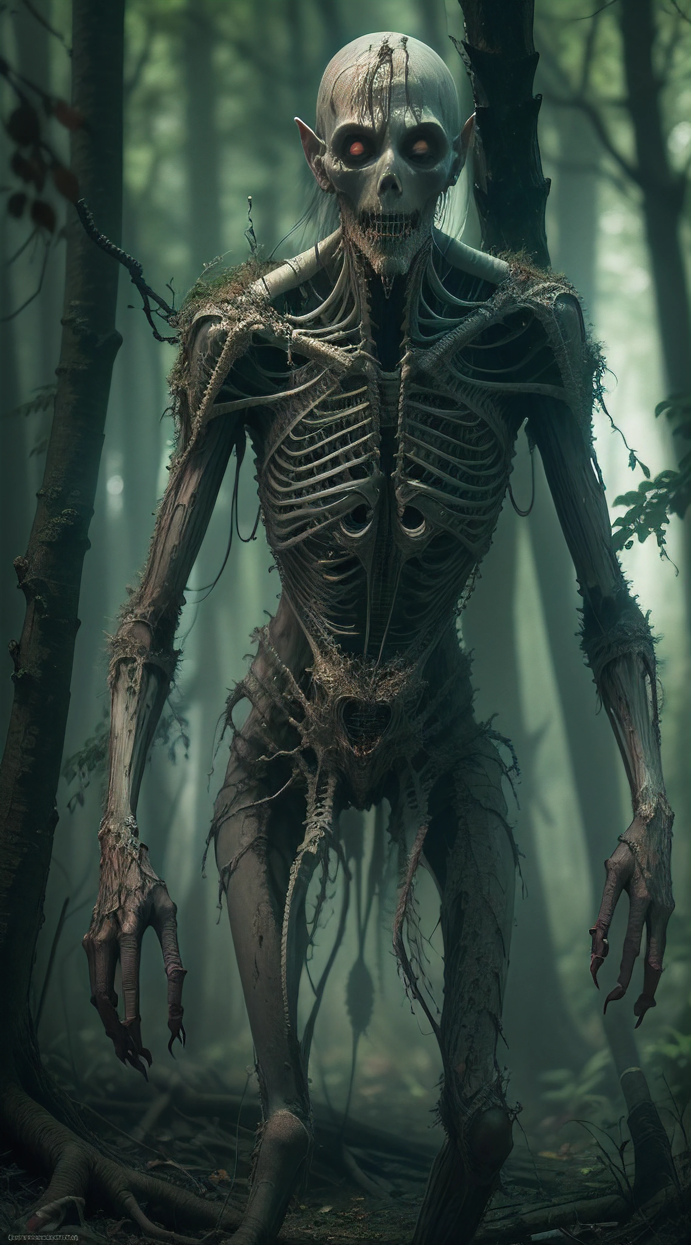 An emaciated naked creature (without clothes) in the woods, ghoul, unholy, creepy, horror, dark, intricate design and details, dramatic lighting, photorealistic, cinematic