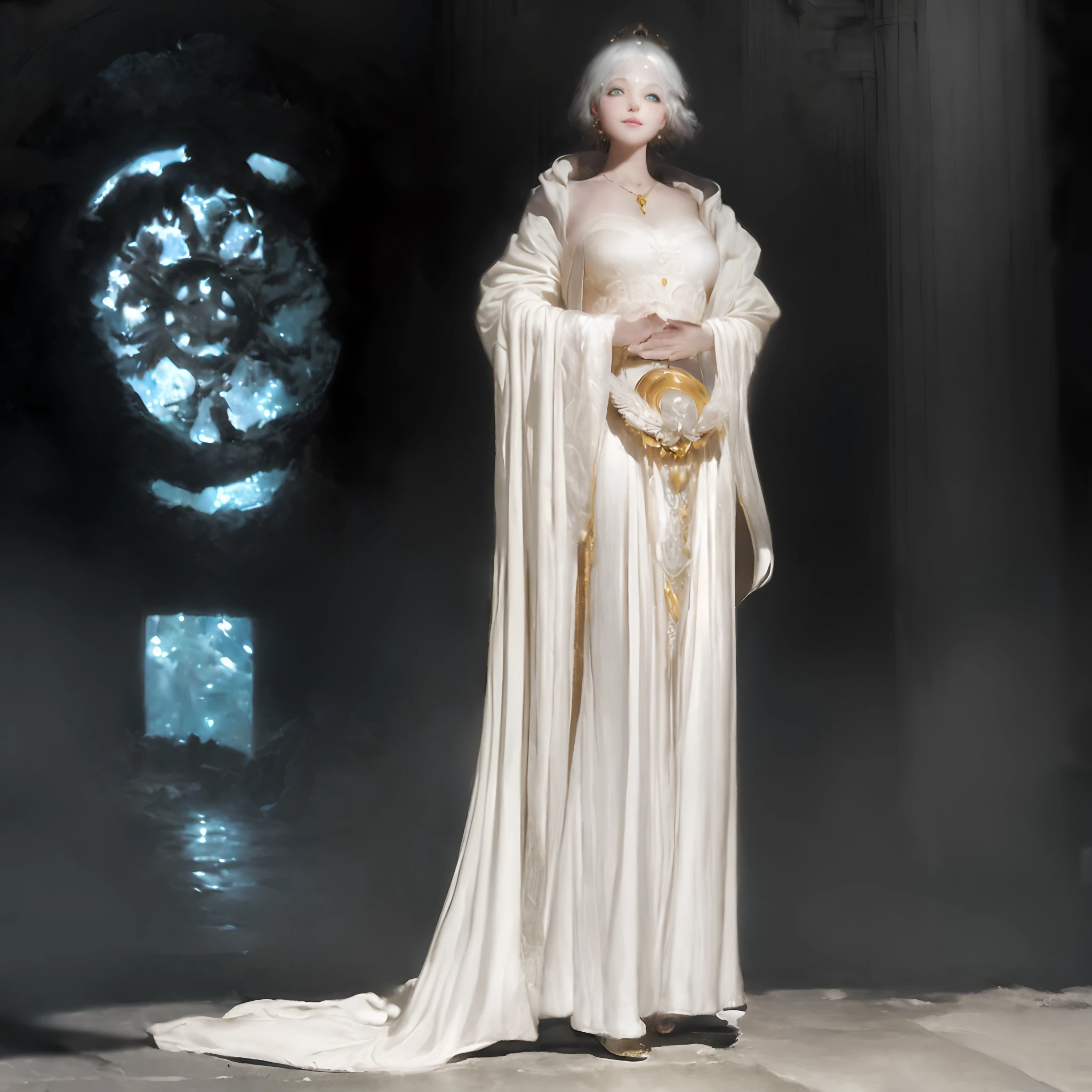 ((Solo))(With incredible details, textures and maximum detail), (Ultra photo realsisim:1.4), (Realistic:1.3), (best quality real texture skin), (finely detailed true circle eyes), (A delicate and delicate beautiful face:1.6), ((medieval world)), (God of birth:1.4), (full-body portraits:1.5), (Mother's warm eyes), (There was joy in her eyes，With a happy smile on his face: 1.3), (Beautiful eyes that sparkle), (full-body standing image), (Dramaticlight), (A majestic sight), Her expression was full of tenderness and beauty, (Wear a white hooded robe with an elaborate pattern: 1.2), Folded wings, elaborate earrings, Divine atmosphere, (((Dramatic photo))), (Sunset), (Sunny), ((dramatic pose)), (flamboyant photo), (Silver hair), ((head looking up)), ((Looking down)), (gives full-body standing image:1.5), (Around her neck is a simple necklace of exquisite workmanship), Great botanical cathedral, great shrine, Temple ruins, detached temple, (Divine Radiance Magic Array: 1.2), Ancient Castle Site, Deserted ruins, crumbling ruins, Ancient ruins with clear water, Shining majestic cloud masses and sky,