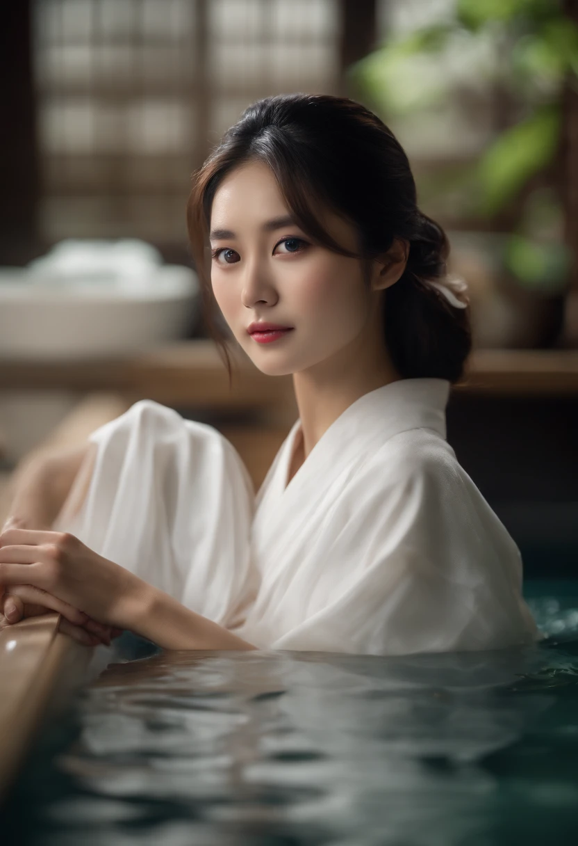 Best Quality, masuter piece, 超A high resolution, (Photorealistic:1.4), Raw photo, Professional Lighting, high-level image quality, high-detail, masterpiece、a 25 year old girl、White transparent yukata、hot onsen、Bathing、Staring at the viewer、You are seducing your audience、Soaking in the bathtub