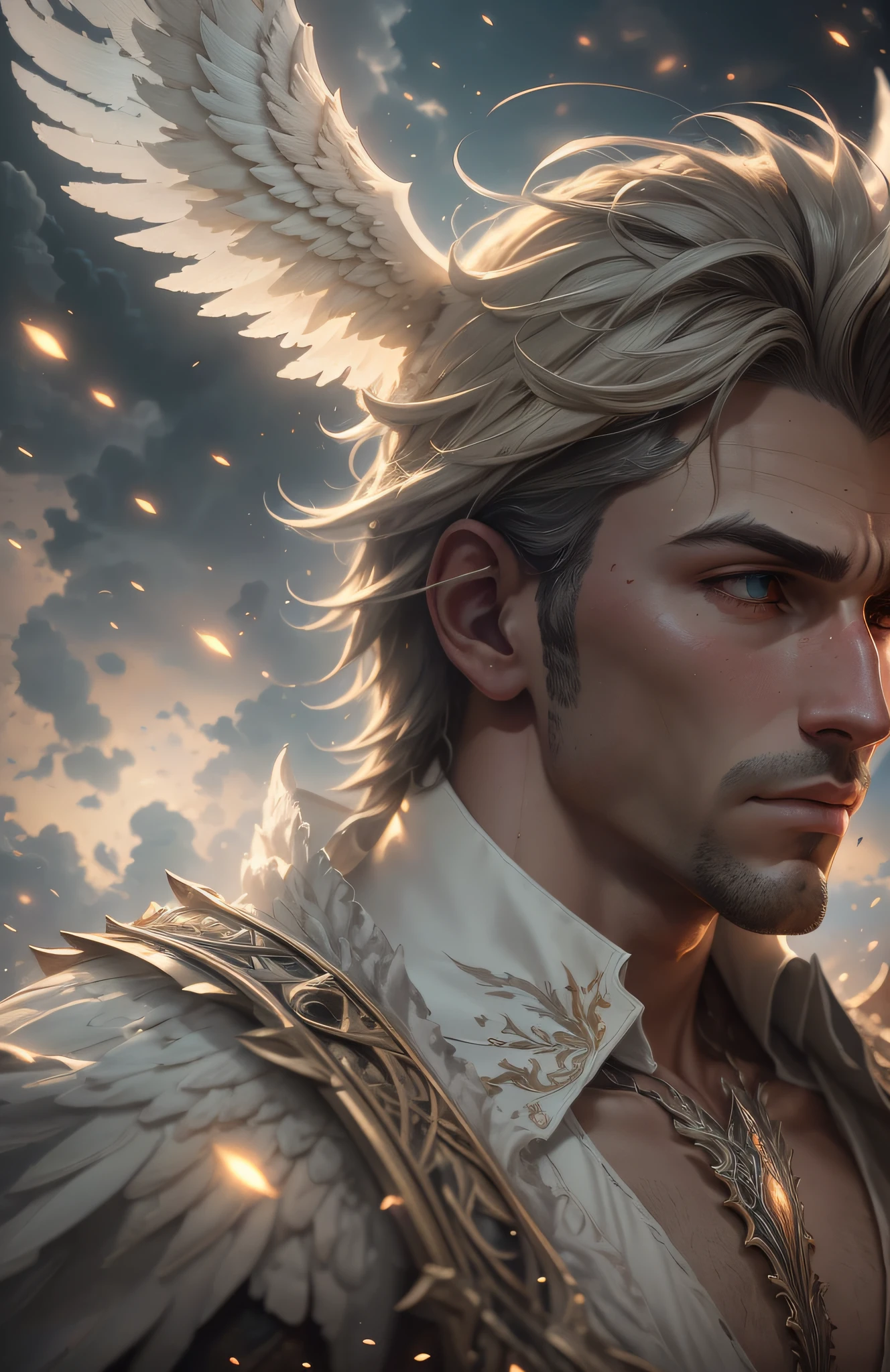 The Horde of Male Celestial Angels Descending from the Sky, realistic epic, soft cinematic portrait, Adobe Lightroom, Photo Lab, highly detailed, faded, (neutral colors: 1.2), (HDR: 1.4), (soft colors:1.2), hyperdetailed, (Artstation:1.4), cinematic, warm lights, dramatic light, (intricate details:1.1), complex background, (Rutkowski:0.66), (blue and orange:0.4)