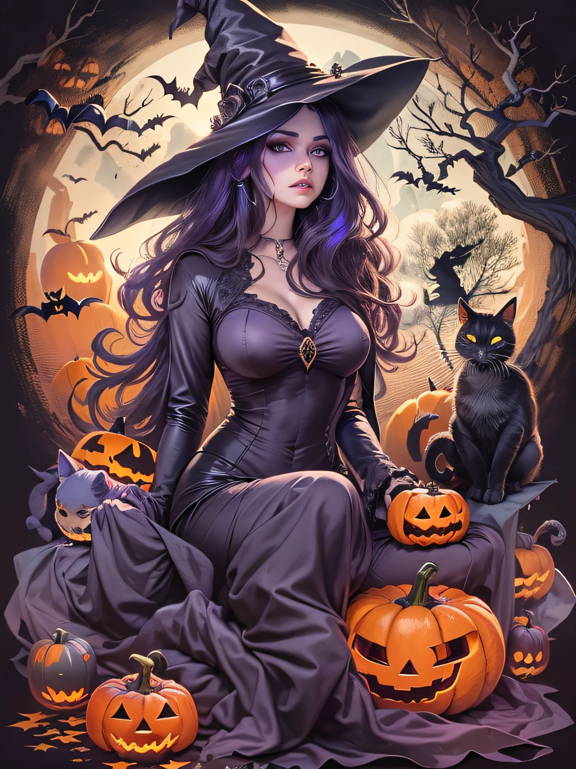 Imagem de estilo vetorial de design de alta qualidade, estilo estampa de camiseta, White background of graphic art of a Halloween style witch, cores brilhantes e realistas, Old style witch with a pointy hat, nariz com uma verruga e um gato preto ao seu lado, Halloween costume style scenery