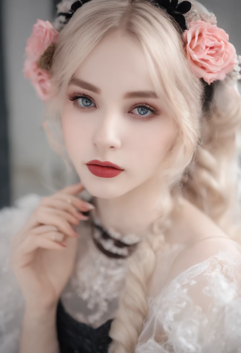 1fille, Twintails, ornement de cheveux, hair over one eye, oreilles de chat, yeux bleus, cheveux bleus, cheveux roses, sourire, arc, seulement, dedans, Makeup, Jupe courte, cheveux longs, frange, ongles roses, rigole ,La plus belle forme de chaos, elegant, a brutalist designed, couleurs vives, romantisme, atmospheric, (Photo brute, Best quality), (Realstic, photo-realistic:1.3), Masterpiece, an extremely delicate and beautiful, Extremely detailed, assis,