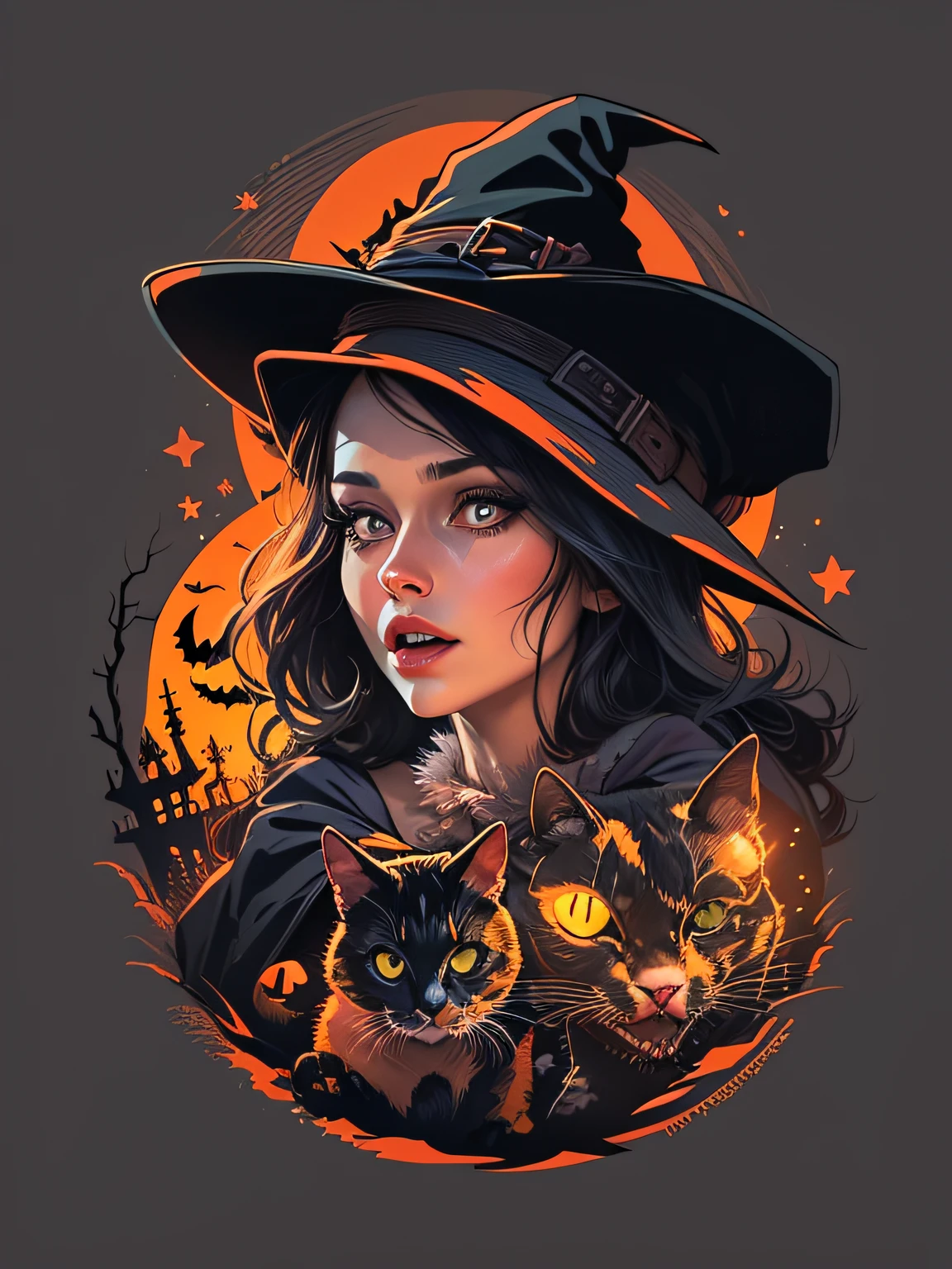 High quality design vector style image, t-shirt print style, graphic art white background of a Halloween style witch, bright and realistic colors, old style witch with a pointy hat, nose with a wart and a black cat at her side, fantasy style scenery halloween