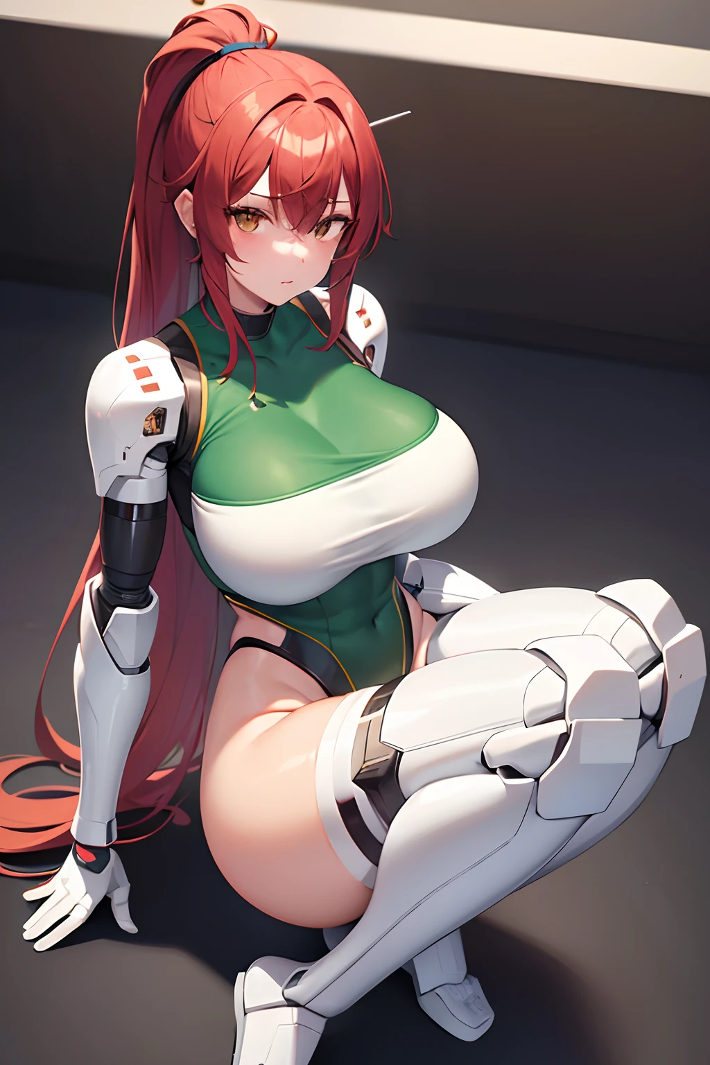 1girls, full body, white skin, brown eyes, red hair in ponytail, athletic body, big breasts, strong green sleeveless leotard, shoulder-length robotic prosthesis left hand, normal right hand, thigh-high robotic prosthesis legs, bottom from laboratory