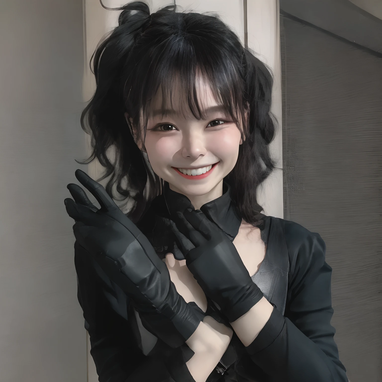 Young Japan woman lifting black suit onto shirt, Black leather gloves worn on both hands, Hands of woman in black suit and black leather gloves smile gently