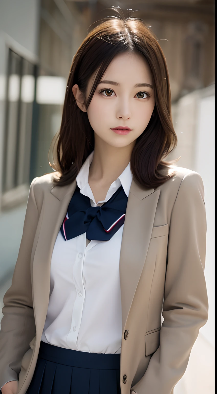 masutepiece, Best Quality, Illustration, Ultra-detailed, finely detail, hight resolution, 8K Wallpaper, Perfect dynamic composition, Beautiful detailed eyes,  Natural Lip,Blazer ,School uniform, cleavage, Full body,Put your hands in your pockets