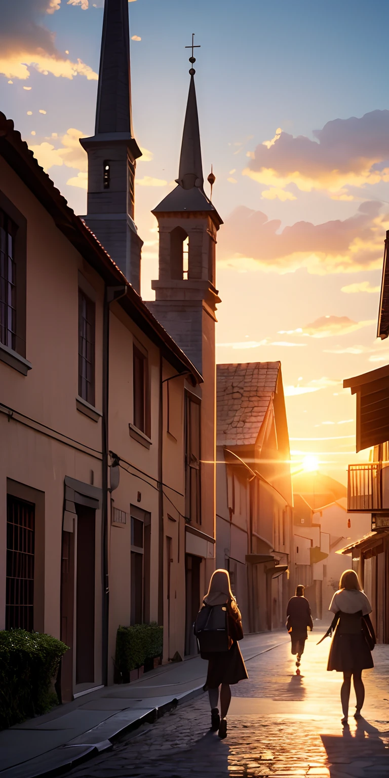Vast landscape photos、Girl walking in alley of nearby medieval Europe、The sunset is beautiful、Nice、View of the church