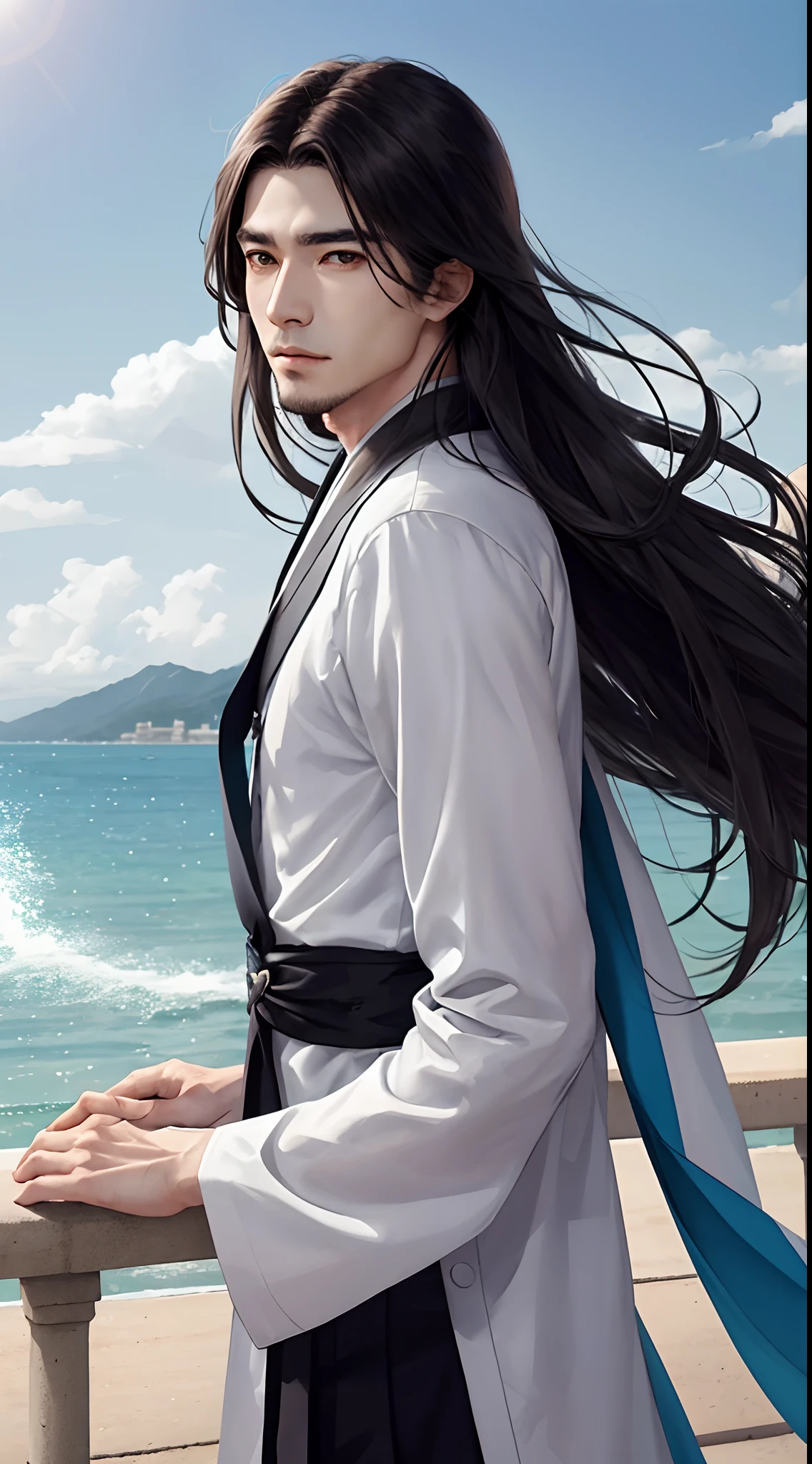 male people。age 40s。Uncle。BL anime in Japan。Long。Hair fluttering in the wind。Sharp eyes with slit length。Parallel eyebrows。