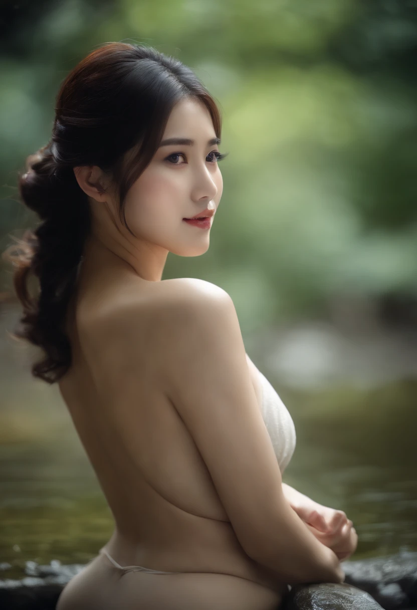 Best Quality, masuter piece, 超A high resolution, (Photorealistic:1.4), Raw photo, Professional Lighting, high-level image quality, high-detail, ​masterpiece、a 25 year old girl、fullnude、hot onsen、Bathing、sexy  pose