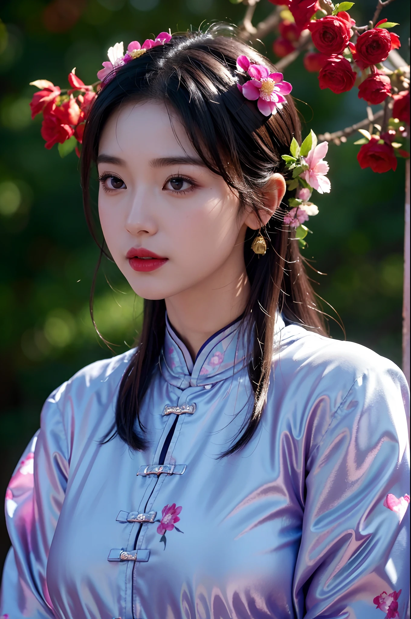 (bestquality, 8k, highres),1girls,shrubs,Girl-Girl,china dress,chinese clothes,hair flower,(masterpiece:1.4),(bestquality:1.4),(oily shiny skin),Red lips,looking at the audience,Big breasts,cleft lip, upper body,