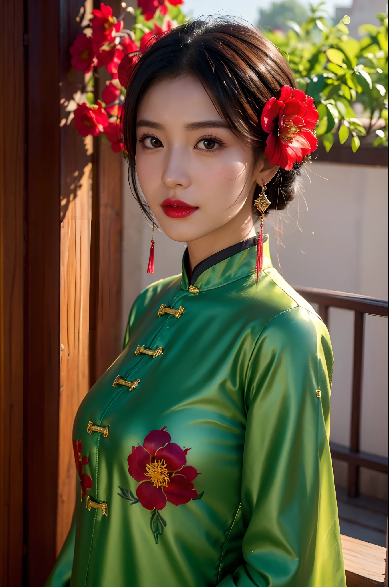 (bestquality, 8k, highres),1girls,shrubs,Girl-Girl,china dress,chinese clothes,hair flower,(masterpiece:1.4),(bestquality:1.4),(oily shiny skin),Red lips,looking at the audience,Big breasts,cleft lip, upper body,
